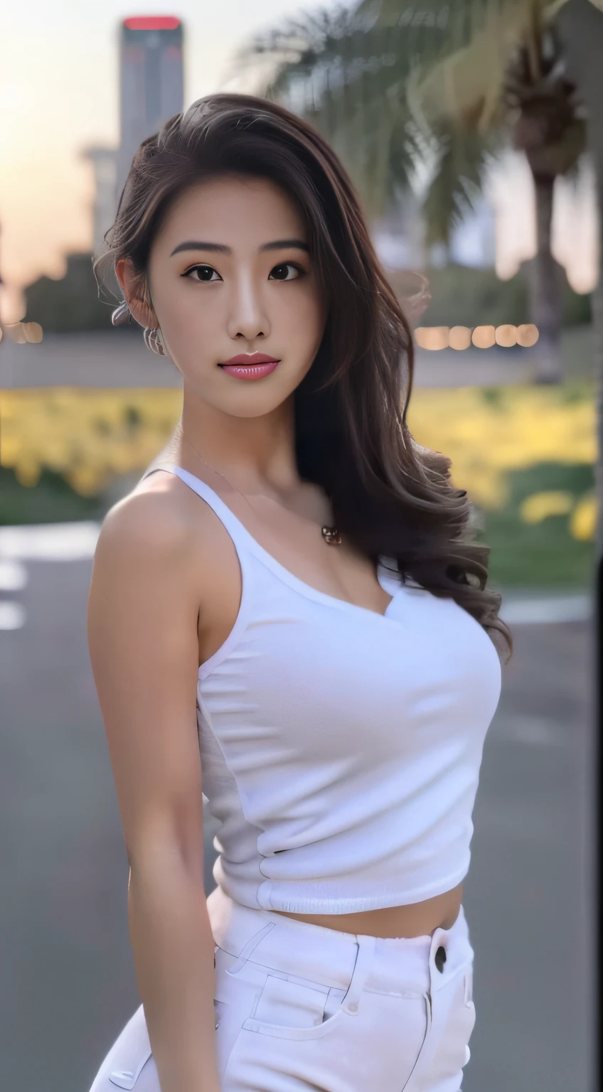 Photo Quality、An ultra-high picture quality、8K、32K、Summer cityscape、(top-quality、masterpiece:1.2)、25 year old beautiful girl walking in the city、White sleeveless shirt、blue skinny jeans、、sony a7,3.Shooting with a 5mm lens、F 1.8 openings、Lighting Glow Effect、No retouching、Realistic raw photos、The skin texture is very detailed、without makeup、Background lighting is yellow、Good Style、Tall girls、ssmile、Peach butt