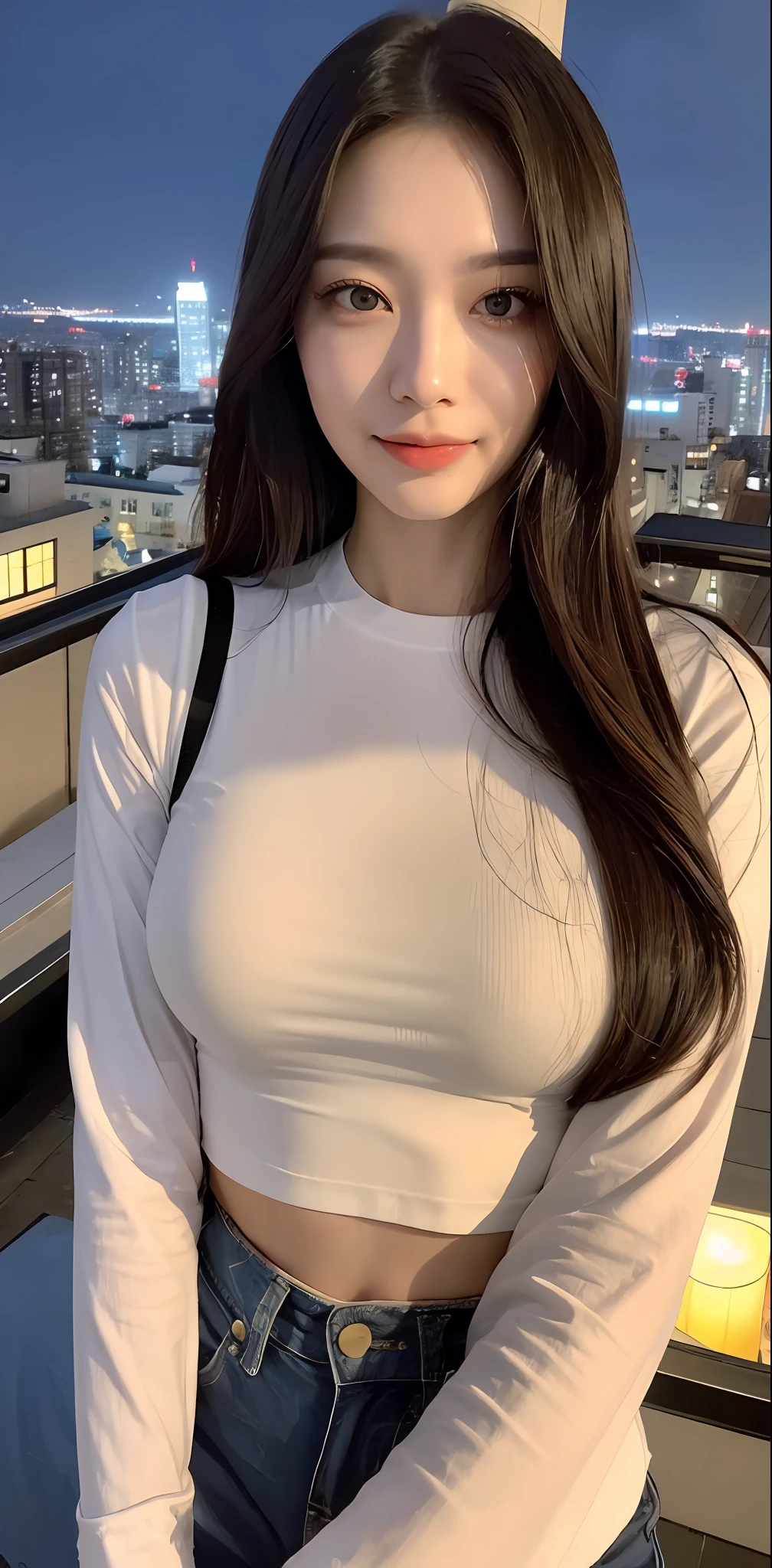 ((Midnight, Best quality, 8k, Masterpiece :1.3)), Whole body, Long legs, Sharp focus :1.2, A pretty woman with perfect figure :1.4, Slender abs :1.1, ((dark yellow hair, Big breasts :1.2)), (White tight tshirt, crop top, Jean bib, Standing:1.2), ((Night city view, Rooftop:1.3)), Highly detailed face and skin texture, Detailed eyes, Double eyelid, slightly smile