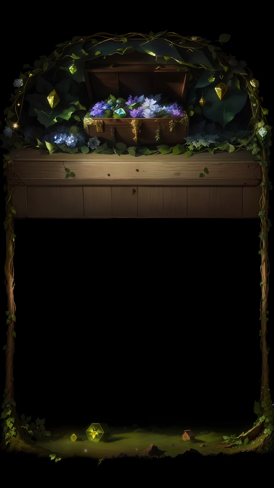 There is a wooden box，There is a bunch of diamonds inside, vine，foliage，grassy fields，steins，Dropped fruit，elf forest background, fanciful，Dark forest background