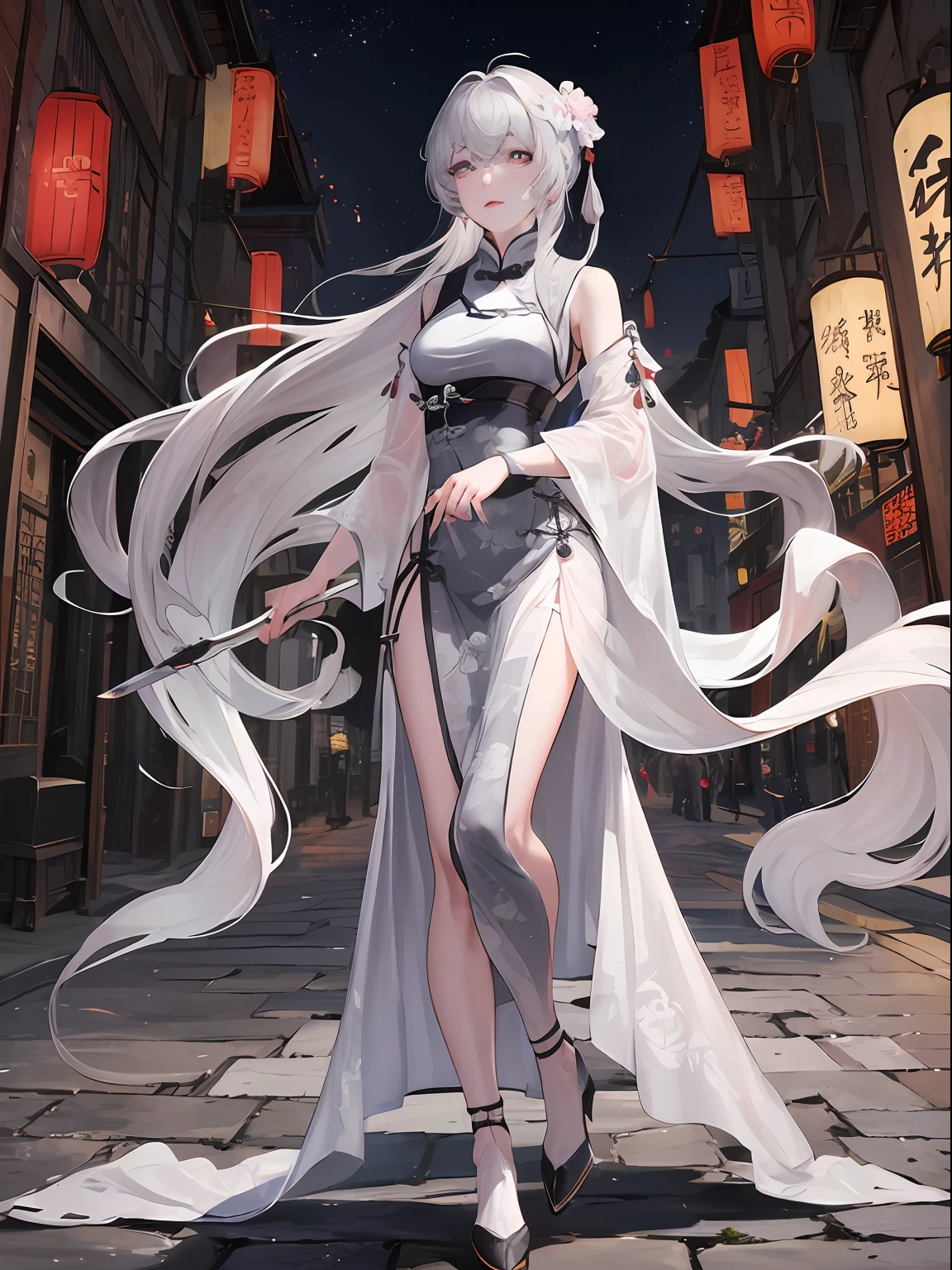 Masterpiece, Best quality, Night, full moon, 1 girl, Mature woman, Chinese style, Ancient China, sister, Royal Sister, Cold expression, Expressionless face, Silver white long haired woman, Light pink lips, calm, Intellectual, tribelt, Gray pupils, assassins, short knife, flower ball background, Stroll through the street view，White stockings