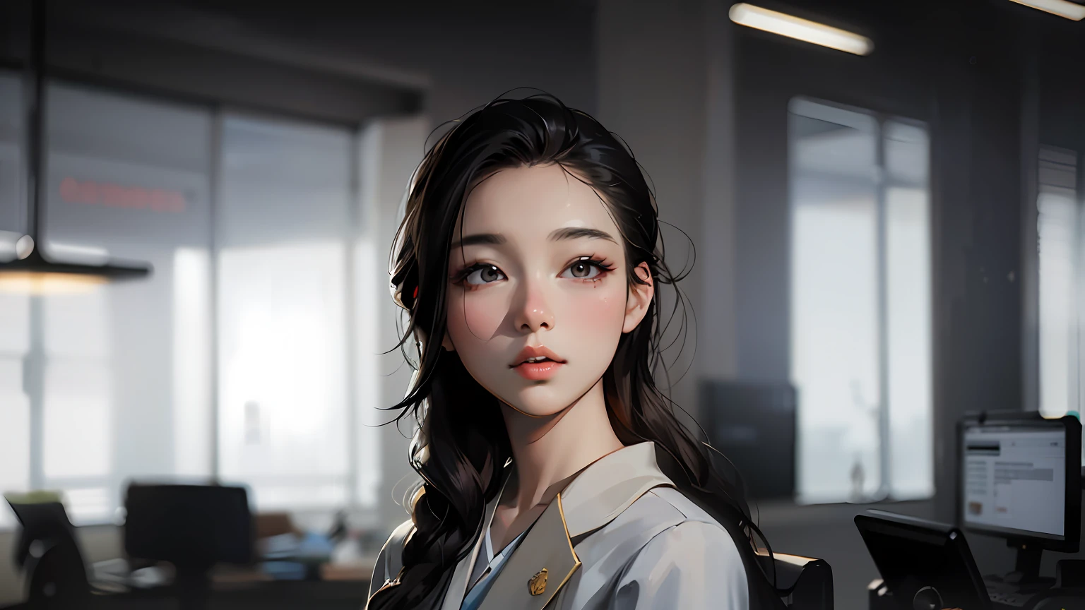 There was a woman standing in the office, Soft portrait shot 8 K, well lit professional photo,Gorgeous young Korean woman, young lovely Korean faces, Beautiful young Korean woman, woman with porcelain skin, beautiful Korean women, Korean woman, , medium portrait soft light, Soft portrait shot 8 K, Korean face features, korean artist, A young Asian woman