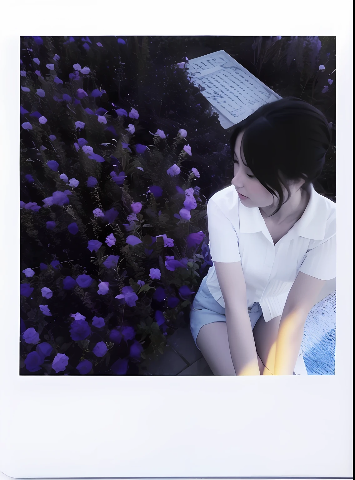 There was a woman sitting in a purple flower field, sitting with flowers, With flowers, 3 5 mm color, 35mm color, on the garden, with frozen flowers around her, coloured photo, 35mm color photo, color 3 5 mm, lo - fi colors, Expired color film, low quality instant camera photo, with soft bushes, low quality photo