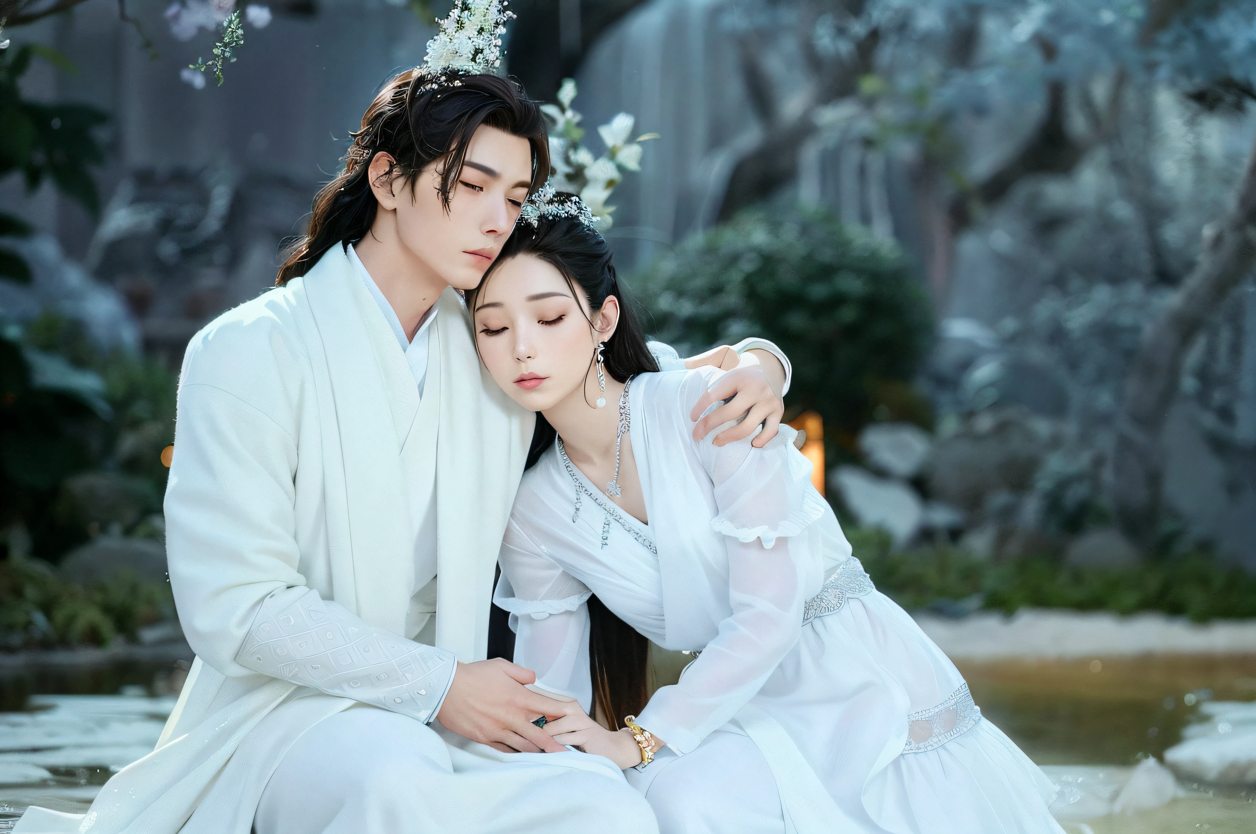 Man and woman dressed in white sit together,The background is a waterfall,Bare tree,brunette color hair,bblurry,vague background,Blurred foreground,bokeh,With his eyes closed,depth of fields,jewely,motionblur,exteriors,Photo background,yuki,The tree,Winters,wisteria, Bright Ultra HD, retinas, Masterpiece, ccurate, Anatomically correct, Textured skin, Super detail, High details, High quality, Best quality, A high resolution, 8K, HD