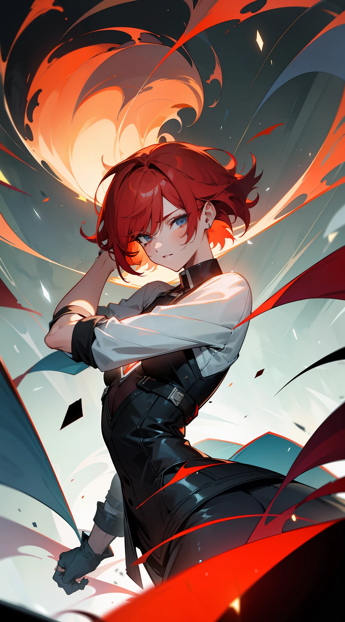 redheaded teenager,Neat short hair,tornado,grexaggerated movements,a sense of atmosphere,Handsome,fluorescence,rich details,best qualtiy,8K