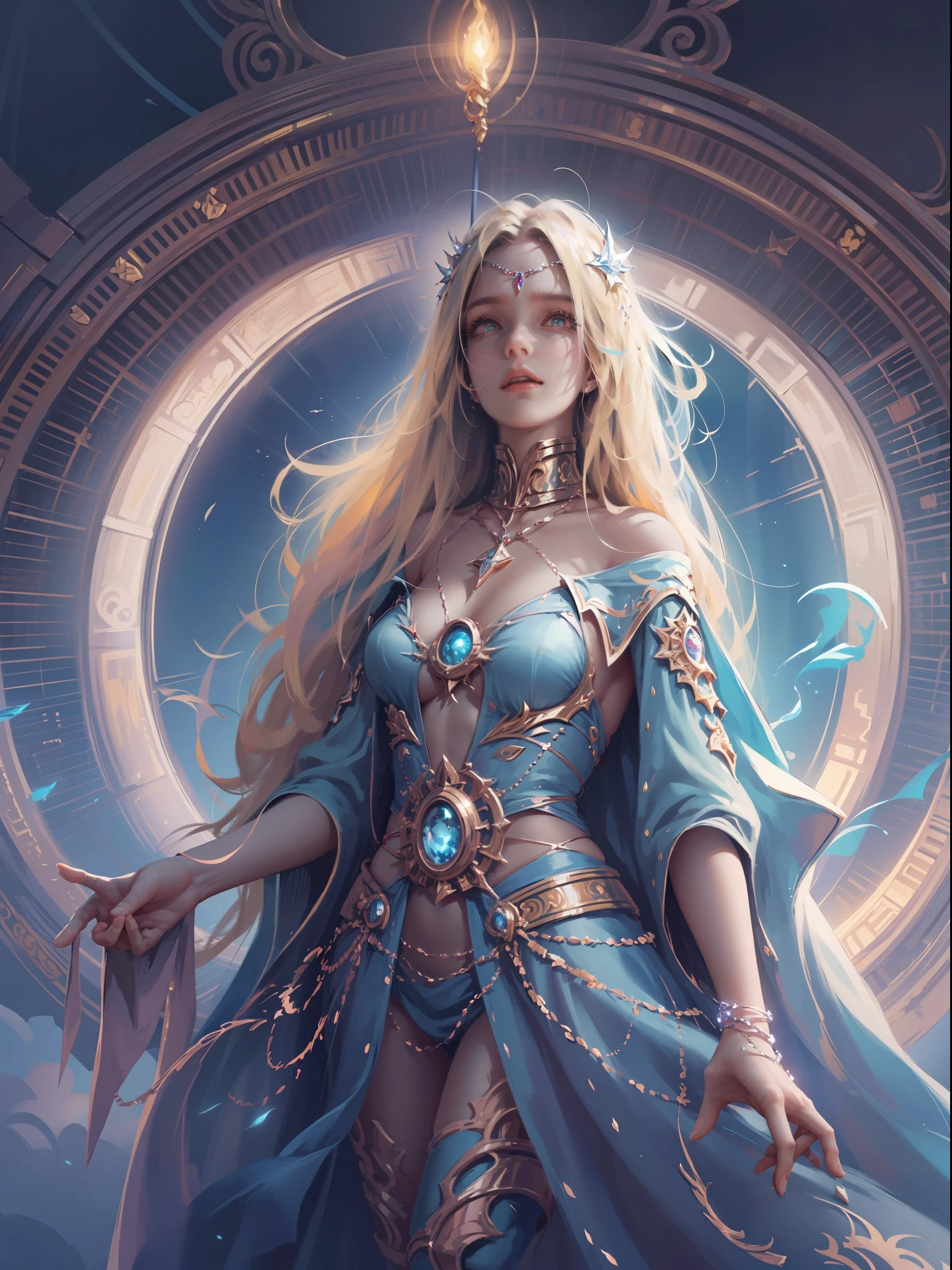 high details, best quality, 8k, [ultra detailed], masterpiece, best quality, (extremely detailed), full body, ultra wide shot, photorealistic, fantasy art, dnd art, rpg art, realistic art, an ultra wide picture of a female human (1.5 intricate details, Masterpiece, best quality) godess of light ((blue radiant aura)), controlling a swirling blue radiant magic (1.5 intricate details, Masterpiece, best quality), manipulating purple radiant magical symbols, divine symbols (1.5 intricate details, Masterpiece, best quality), human female, blond  hair, long hair with aura, hair with blue radiant eyes, intense eyes, ((radiant eyes)), (( blue glowing eyes)), dynamic clothing, fantasy sky, clouds, celestial  background, ((divine worship atmosphere)), high details, best quality, highres, ultra wide angle