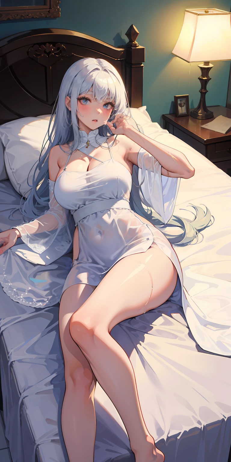 realisticlying,1girll,extremely large bosom,long leges,Beth,long white hair,bath robe,Be red in the face,Lie down in bed,Get wet,ssee-through,Taste,Dress coolly,Looming