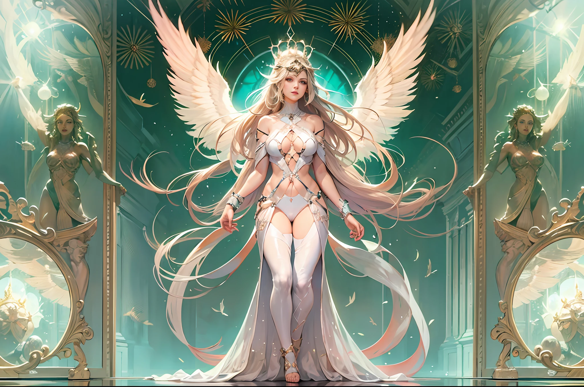 "An enchanting heavenly goddess who radiates ethereal beauty", ((wearing clothing that radiates beauty))(full body):1.2