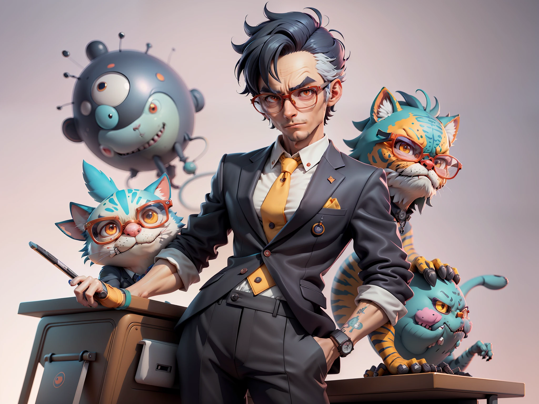 A young man in a suit and pants, Short hair and glasses sat at his desk,holding laptop,digitial painting,tigre,3D character design by Mark Clairen and Pixar and Hayao Miyazaki and Akira Toriyama,4K HD illustration,Very detailed facial features and cartoon-style visuals。