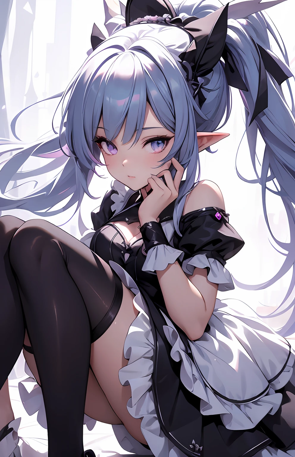 best qualityer,tmasterpiece,Ultimate resolution,downy,Extremely colorful,Colorful,Elven girl,full bodyesbian,Black and white double ponytail,ta long dress, Long legs with two white stockings,Muffin shoes,closeup of face
