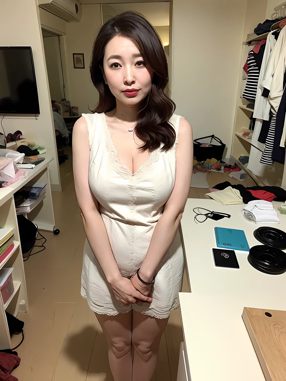 ((Best quality, 8K, Masterpiece: 1.3)), Sharp focus, High quality, high resolution, Portrait, Solo, Japan person, middle aged women, Beauty, 42 years old, Wavy hair, Slightly chubby,Big chest,Room Wear, Flesh-colored pantyhose, Wrinkles at the corners of the eyes, full bodyesbian, Expressionless, Messy room, Old Room