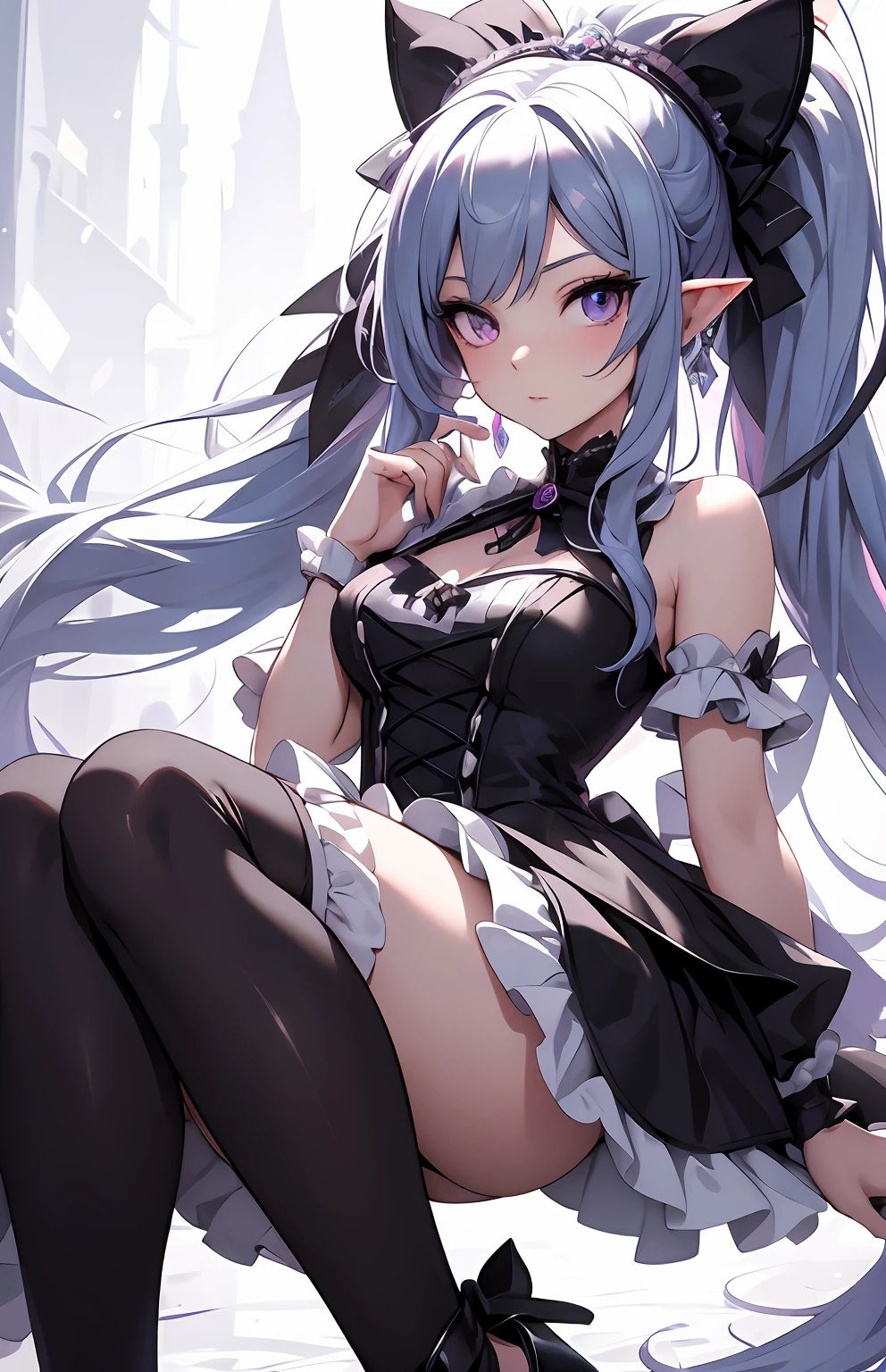 best qualityer,tmasterpiece,Ultimate resolution,downy,Extremely colorful,Colorful,Elven girl,full bodyesbian,Black and white double ponytail,ta long dress, Long legs with two white stockings,Muffin shoes,closeup of face
