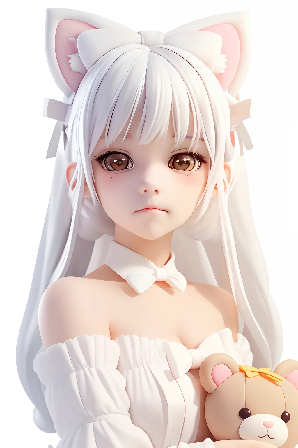 "Cute anime girl with white hair and cat ears bow in hair, in a portrait style, cookies, teddy bear, with an adorable expression, white background."