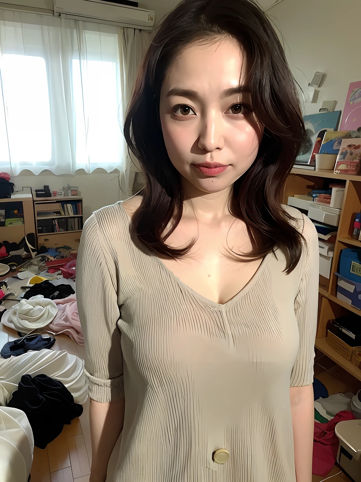 ((Best quality, 8K, Masterpiece: 1.3)), Sharp focus, High quality, high resolution, Portrait, Solo, Japan person, middle aged women, Beauty, 42 years old, Wavy hair, Slightly chubby，Big chest，Room Wear, Flesh-colored pantyhose, Wrinkles at the corners of the eyes, full bodyesbian, Expressionless, Messy room, Old Room