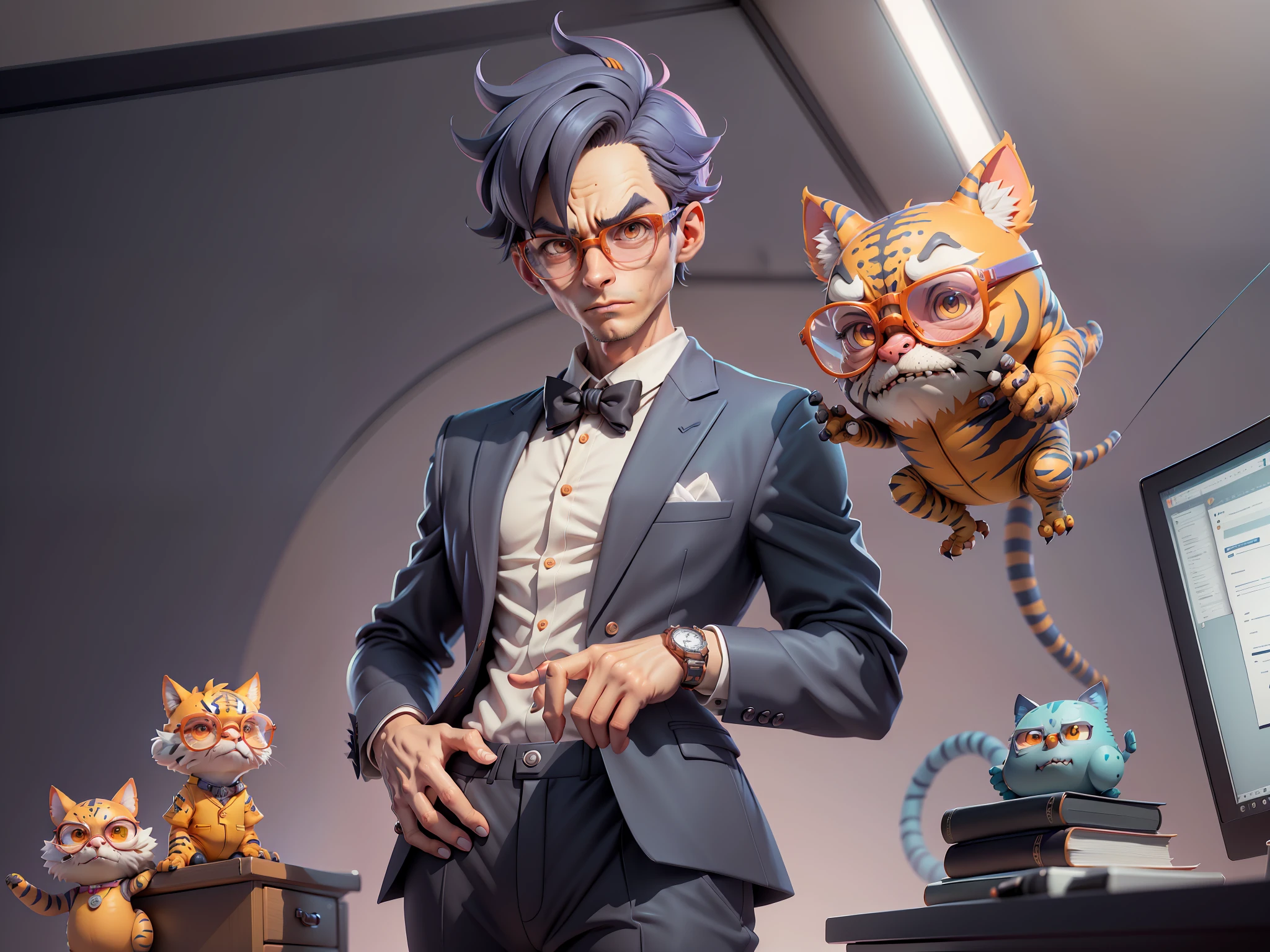 A young man in a suit and pants, Short hair and glasses sat at his desk,holding laptop,digitial painting,tigre,3D character design by Mark Clairen and Pixar and Hayao Miyazaki and Akira Toriyama,4K HD illustration,Very detailed facial features and cartoon-style visuals。
