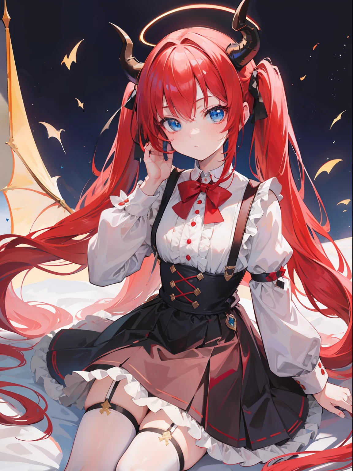 {{best quality}}, {{masterpiece}}, {{ultra-detailed}}, {illustration}, {detailed light}, red hair,blue eyes,twintails,lolita,Suspenders skirt,Fantastic,loli,solo,Dragon horns,little girl,long hair