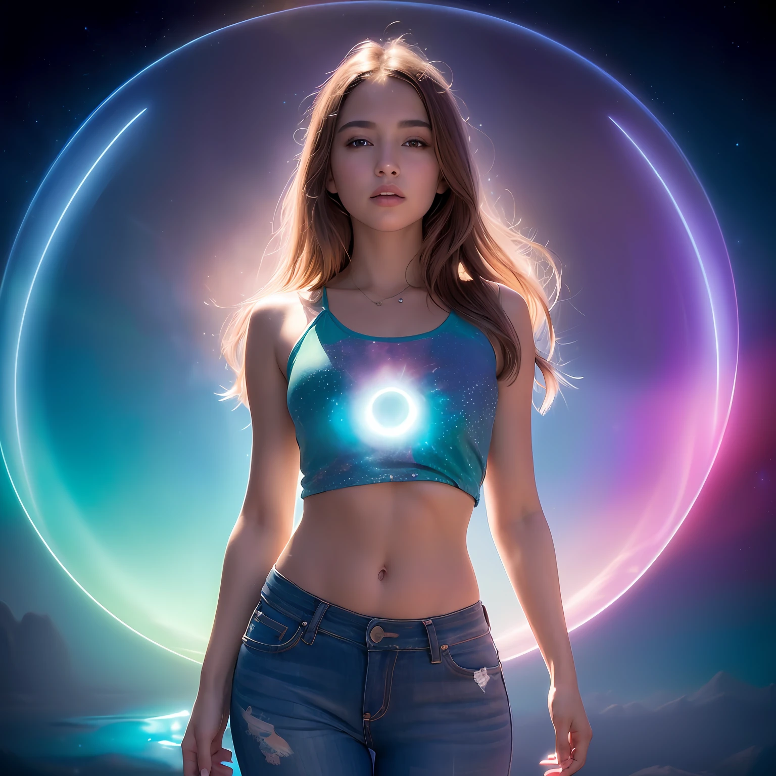 ((best quality)), ((masterpiece)), ((realistic)), portrait, 1girl, celestial, deity, light particles, halo, looking at viewer, (bioluminescent:0.95) flame, bioluminescence, Vibrant, Colorful, Color, (Glow, Glow), (Beautiful Composition), Cinematic Lights, Intricate, (Symmetry: 0.5), Whimsical, Alien Planet, standing, tank top shirt, jean pants,