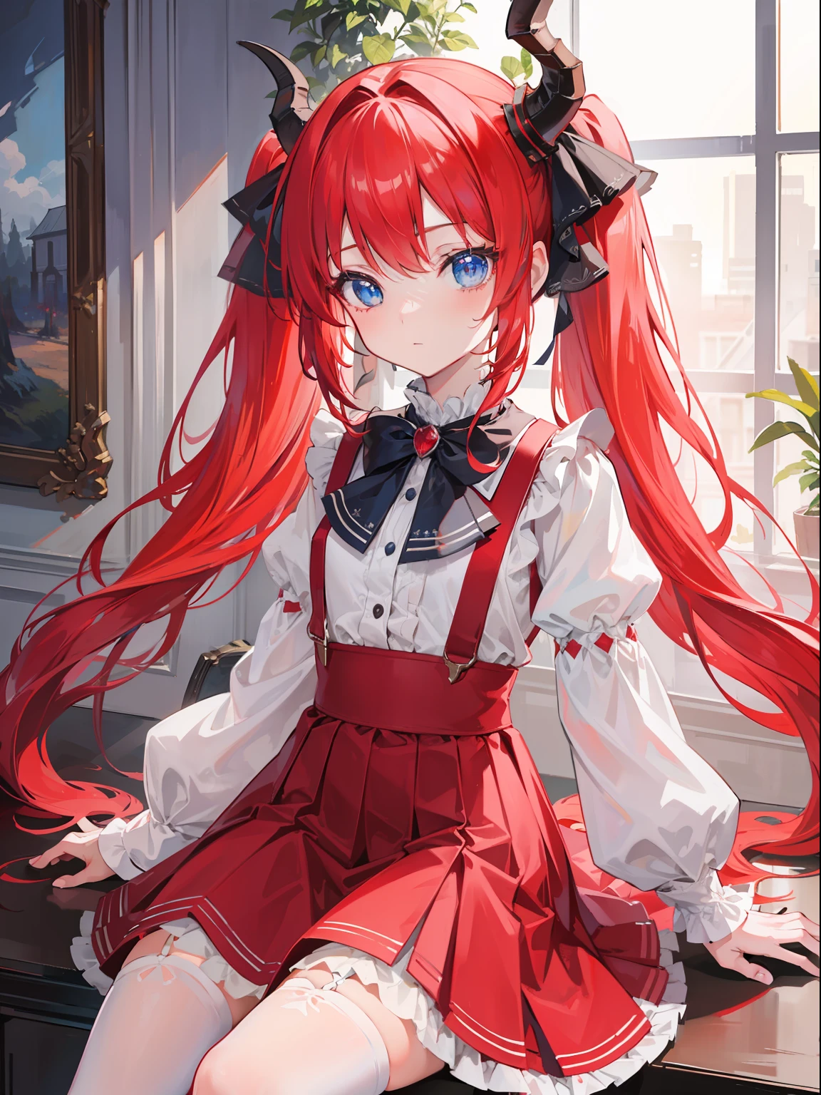 {{best quality}}, {{masterpiece}}, {{ultra-detailed}}, {illustration}, {detailed light}, red hair,blue eyes,twintails,lolita,Suspenders skirt,Fantastic,loli,solo,Dragon horns,little girl,long hair