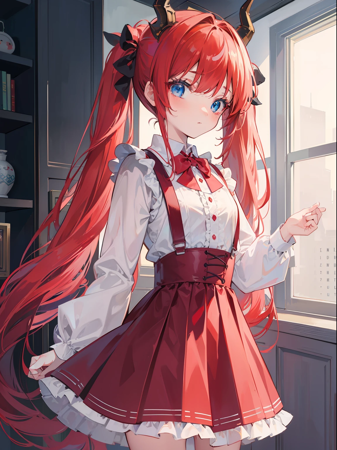 {{best quality}}, {{masterpiece}}, {{ultra-detailed}}, {illustration}, {detailed light}, red hair,blue eyes,twintails,ta,Suspenders skirt,Fantastic,lolio,Dragon horns,little gir