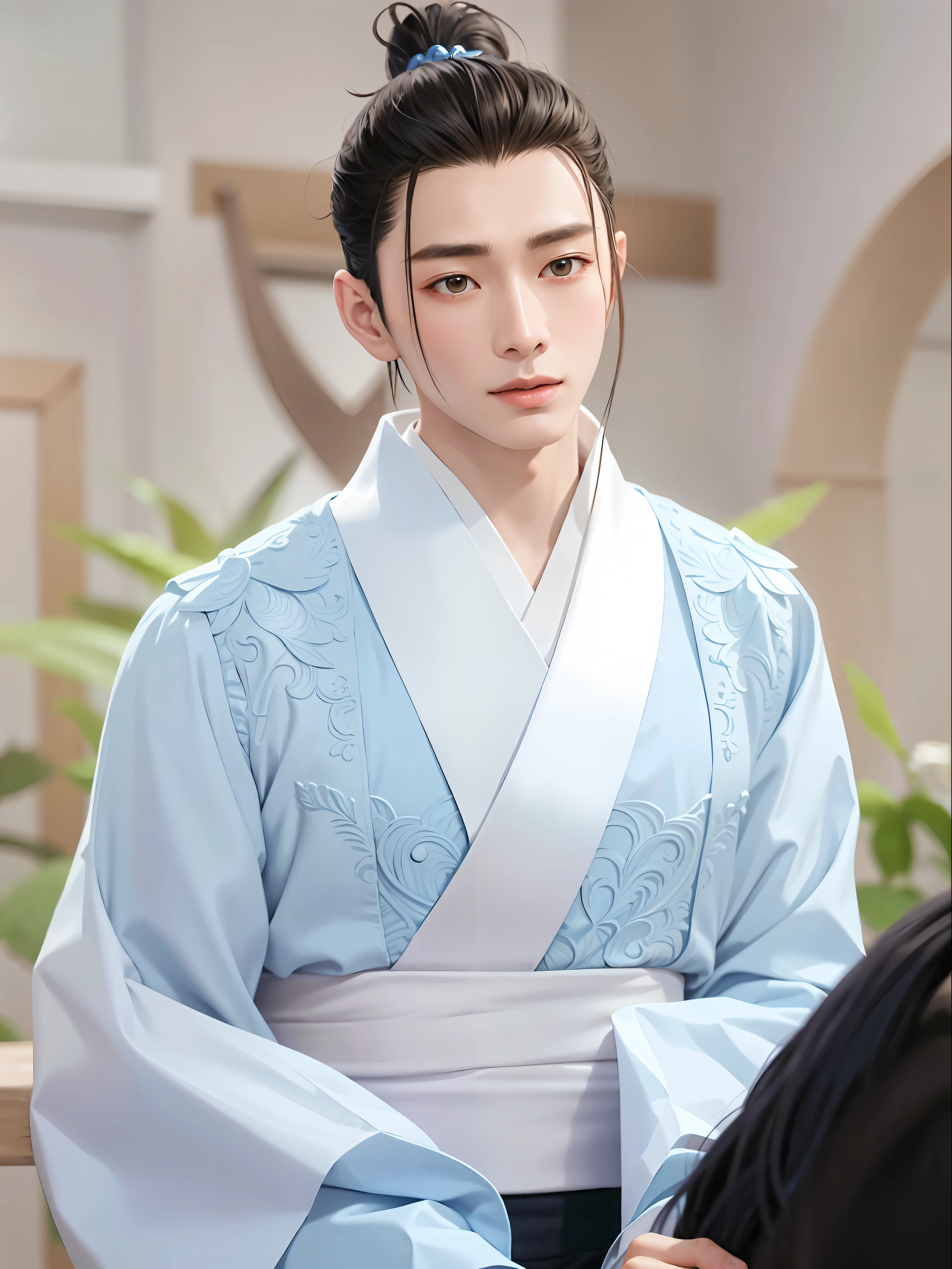 Asian man sitting on a horse in a blue robe, Cai Xukun, heise jinyao, Inspired by Zhang Han, Inspired by Seki Dosheng, Hanfu, Inspired by Bian Shoumin, drak, inspired by Gu An, young wan angel, nanquan, Li Zixin, Delicate androgynous prince, Bright Ultra HD, retinas, Masterpiece, ccurate, Anatomically correct, Textured skin, Super detail, High details, High quality, Best quality, A high resolution, 8K, HD
