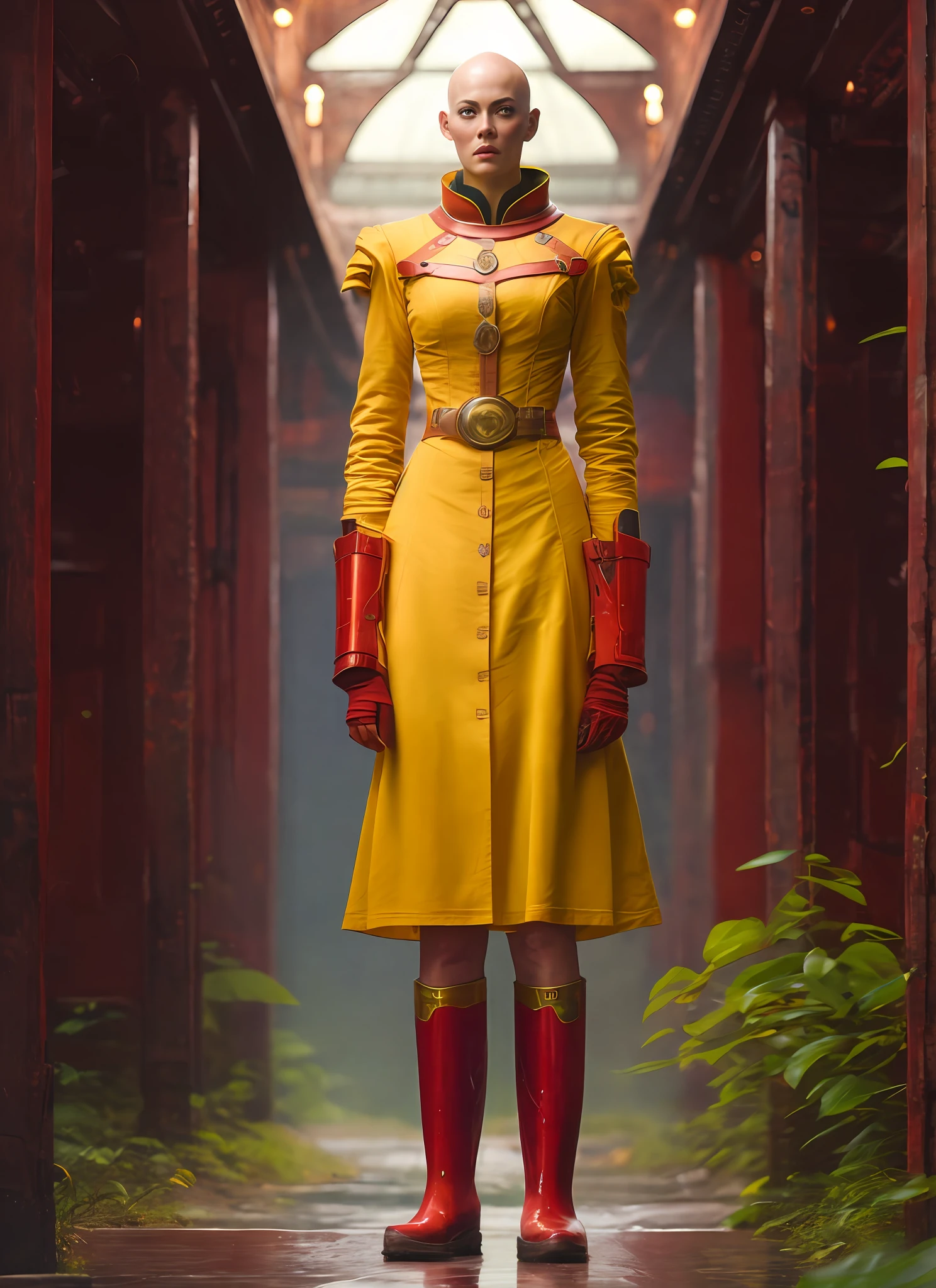 robot, steampunk female android, full body, (wearing a red lab coat and yellow rubber boots), A stunning intricate full colour bald, epic character composition, by ilya kuvshinov, alessio albi, nina masic, sharp focus, natural lighting, subsurface scattering, f2, 35mm, film grain
