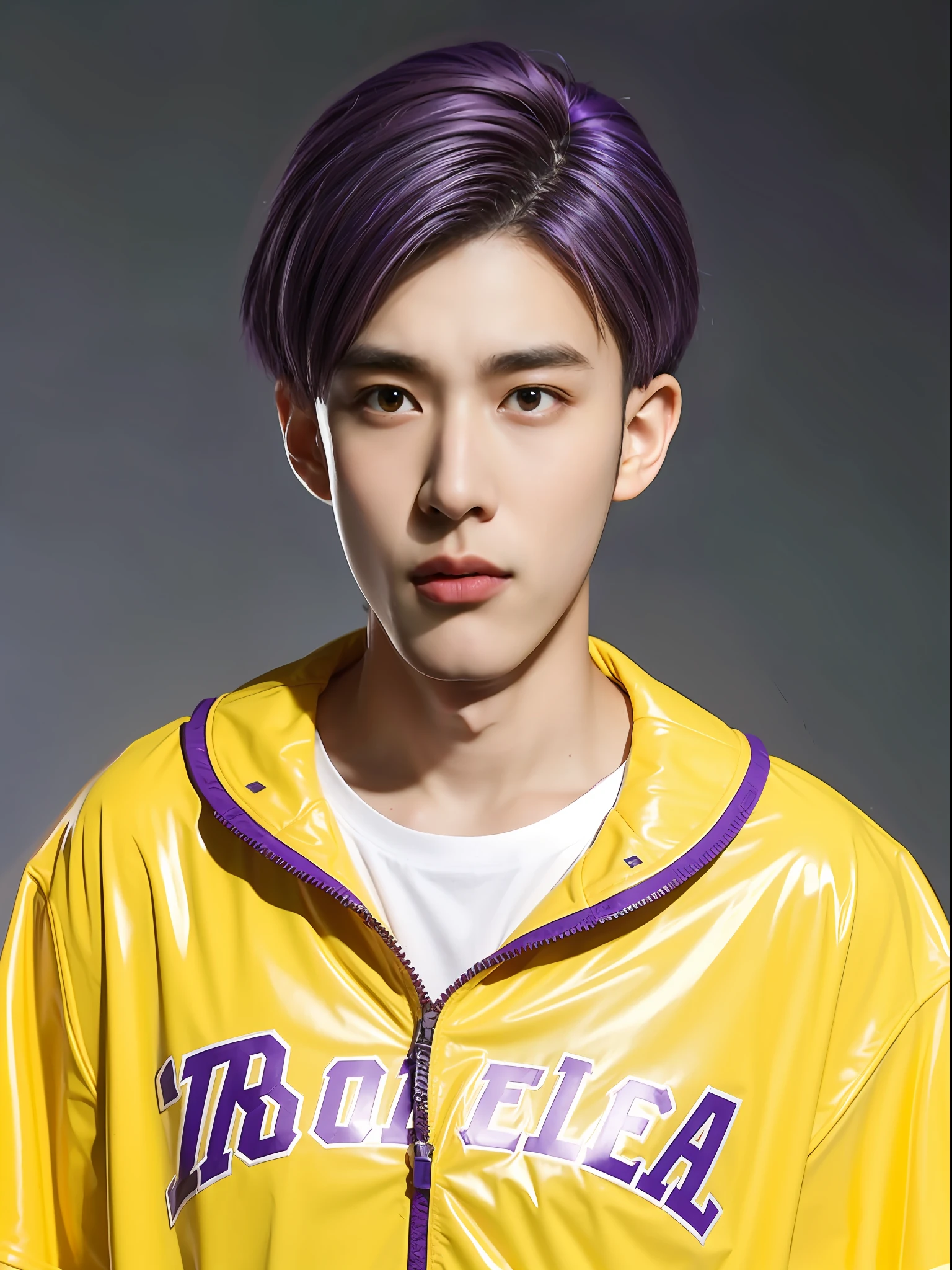 A 16-year-old male high school student，Wearing a PVC yellow baseball shirt，Purple medium hair style
