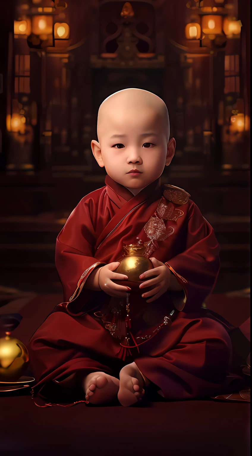 Arad in a red robe,Holding a golden ball in his hand, lovely digital painting, monk clothes, buddhist monk, portrait shooting, Buddhist, portrait of monk, monk, 2 1 st century monk, monk meditation, wearing gilded red robes, Buddhism, monk, close up portrait shot, Buddhist monk meditation, in red robes, high quality portrait