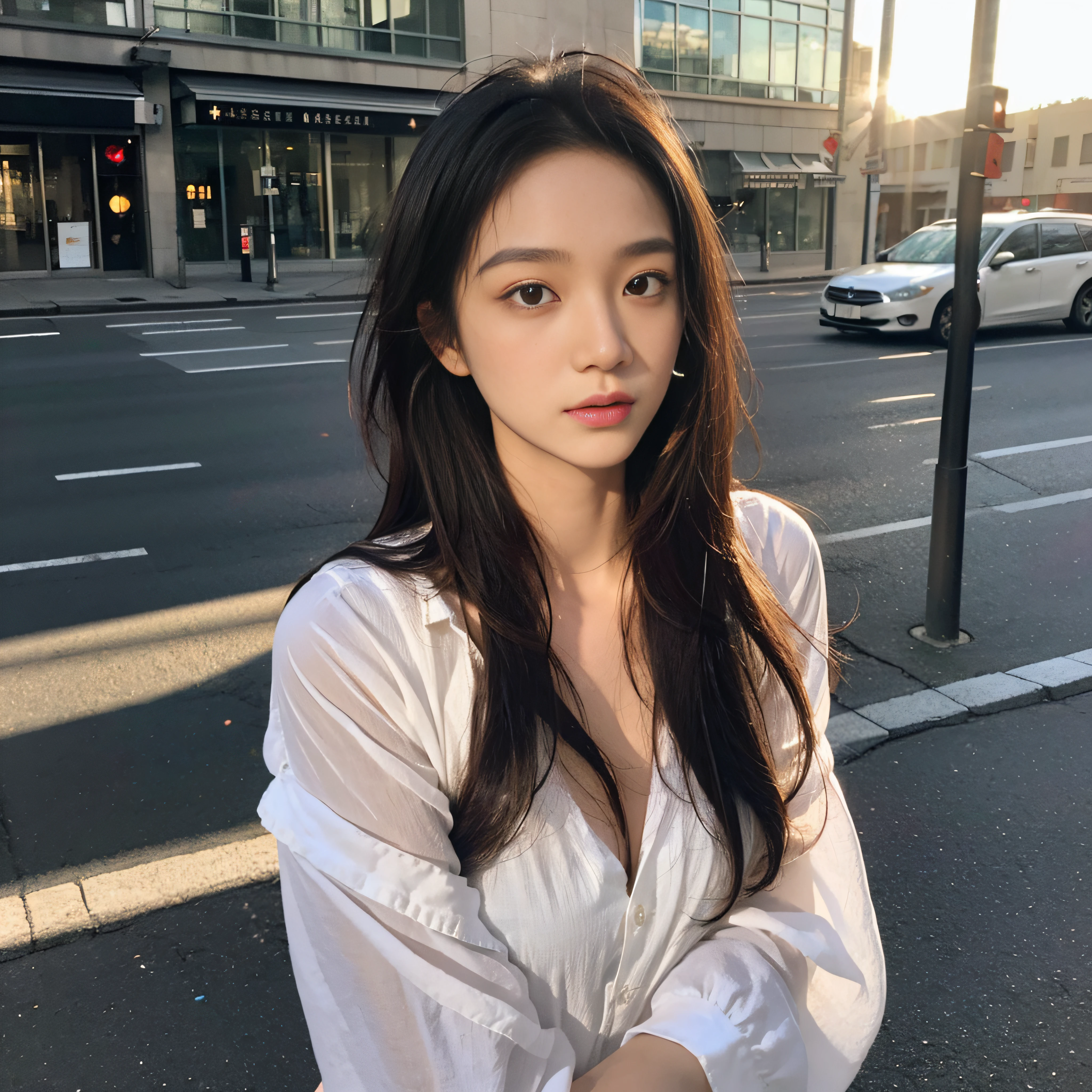 ((top-quality、8K、​masterpiece:1.3))、sharp:1.2、fish-eye lens、photoRealstic:1.30、Light interference、Diffraction of light、22 year old beautiful woman crossing pedestrian crossing in the light of sunset、Inviting eyes、lensflare、Particles of light are flying、Hair fluttering in the wind、(Sateen、a street:1.2)、Beautiful hair disheveled in the wind、light fragments、Brown semi-long hair、lensflare、Back lighting、Detailed skin、detailed hairs、Perfect Body Beauty:1.4、((Layered Hair Style、breastsout:1.2))、(Wet white button long shirt:1.1)、Wetty:1.8、Highly detailed facial and skin texture、finely eye、二重まぶた、