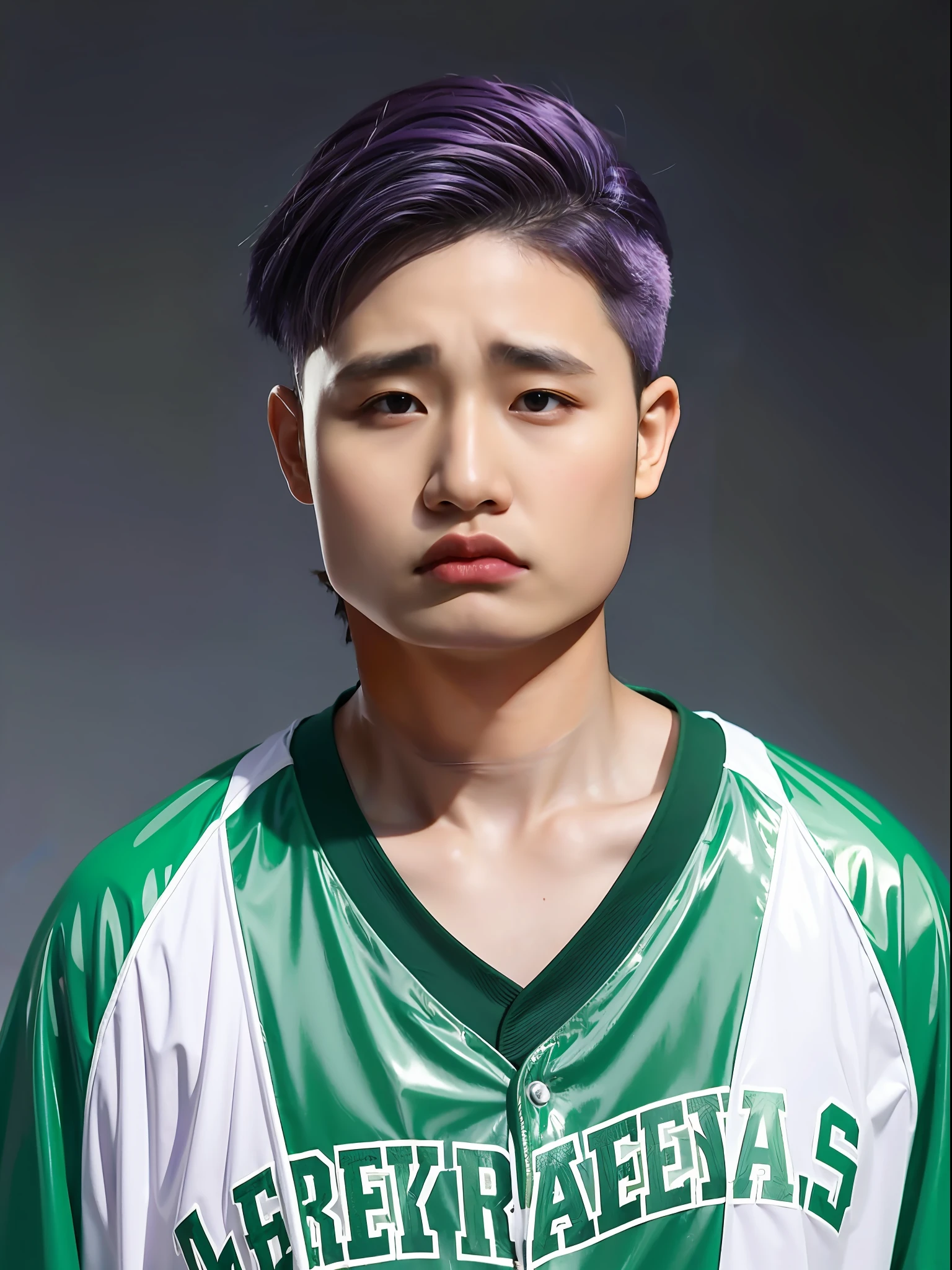 A -yeld mahigh school student,Wearing a PVC green baseball shirt,Purple medium hair style