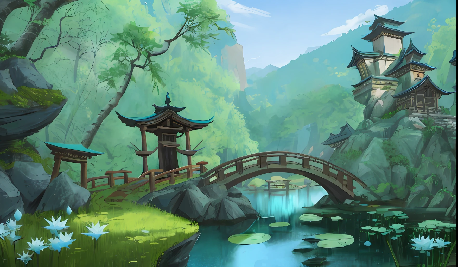 Chinese ancient architecture, gardens, bamboo, lakes, stone bridges, rockery, arch bridges, corners, rockery, trees, running water, landscape, outdoors, waterfalls, grass, rocks, water lilies, creeks, lotus, moon, night view, thermal springs, water vapor (Illustration: 1.0), Masterpiece, Best Quality, Epic Composition, Realistic Lighting, HD Details