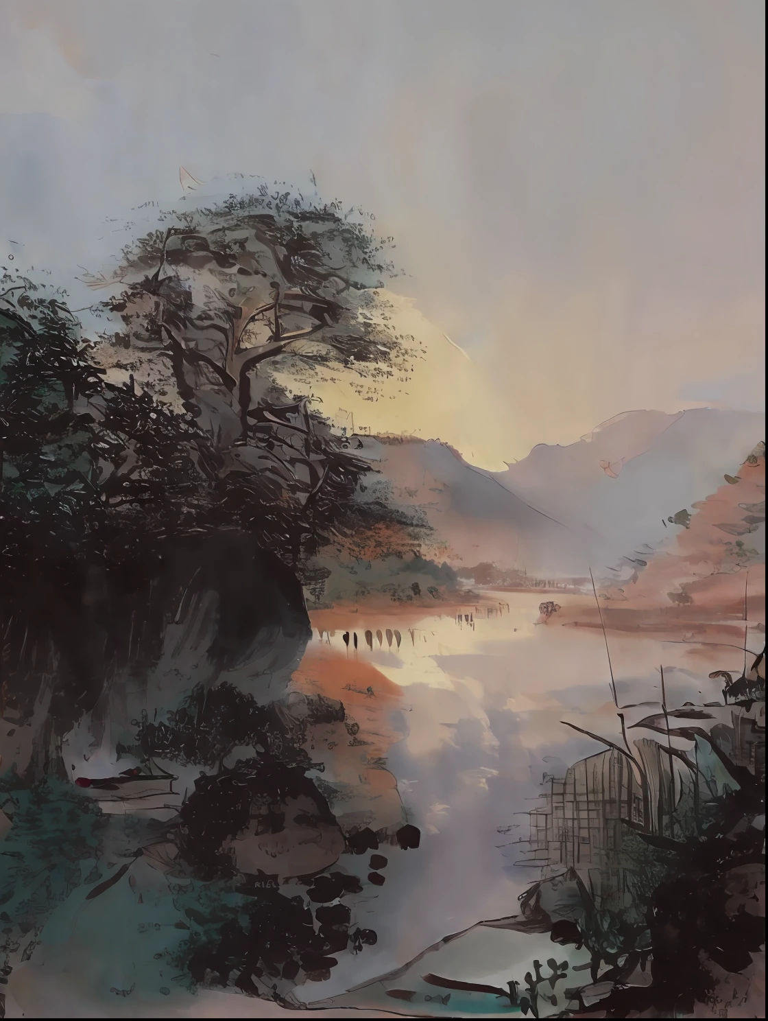 Water color painting of river bank village with coconut group