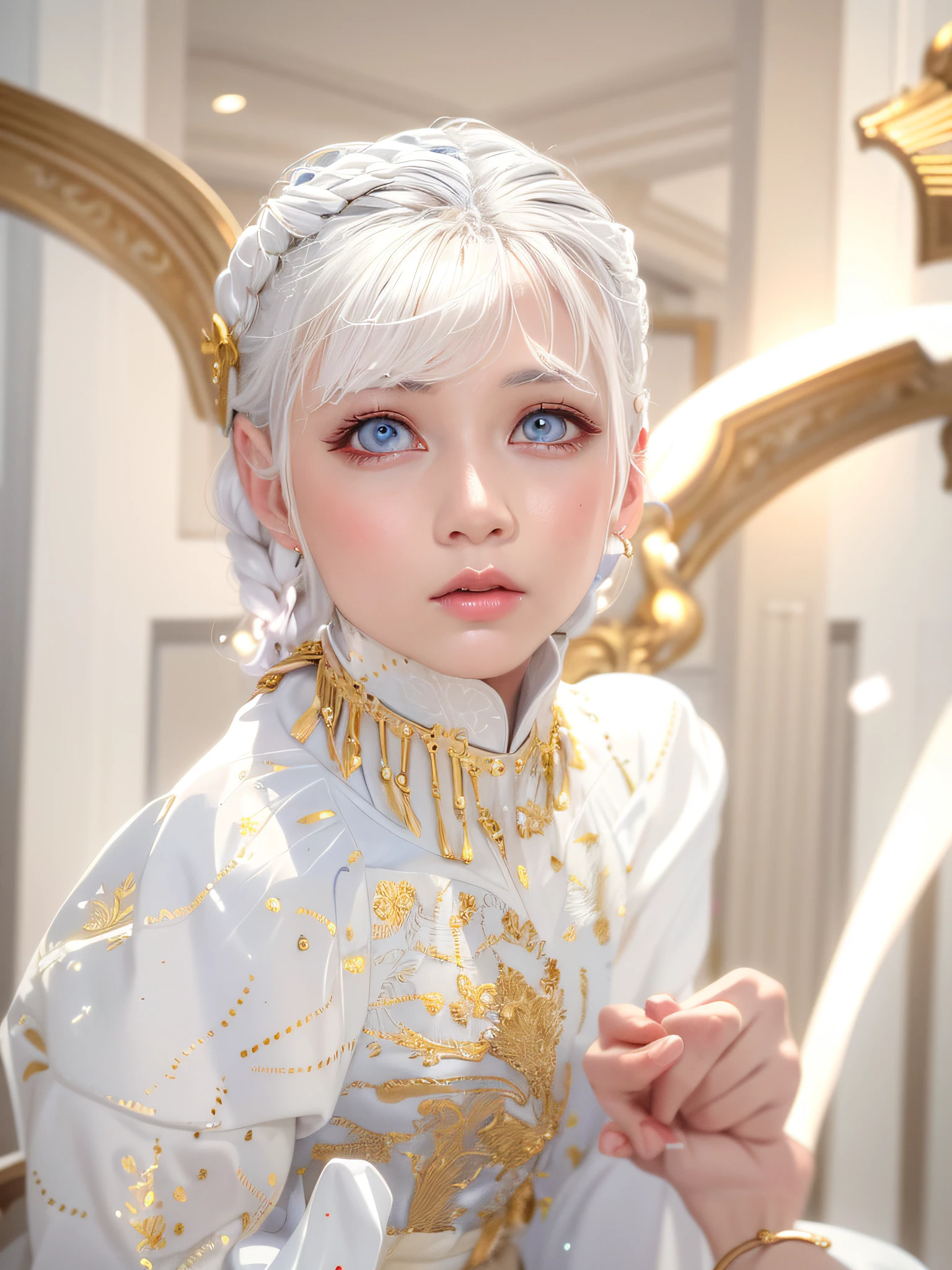 best quality, masterpiece,white hair, gold eyes,white clothes, looking up, upper body,hair strand,Fair skin,side braids