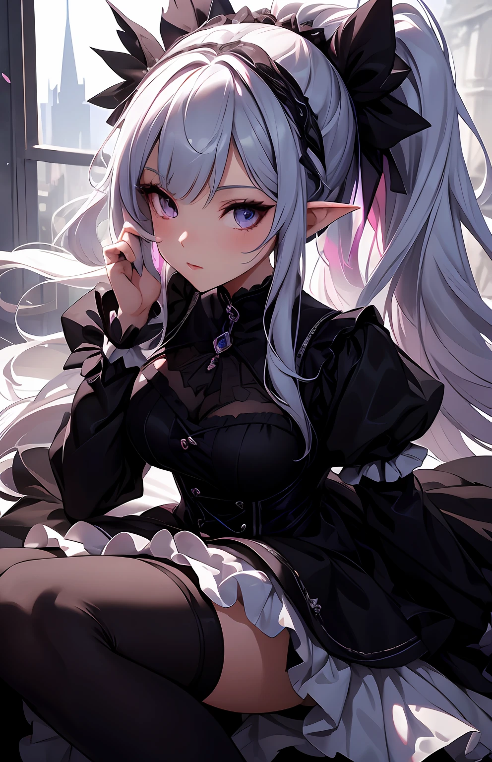 best qualityer，tmasterpiece，Ultimate resolution，downy，Extremely colorful，Colorful，Elven girl，full bodyesbian，Black and white double ponytail，Lolita long dress， Long legs with two white stockings，Muffin shoes，closeup of face