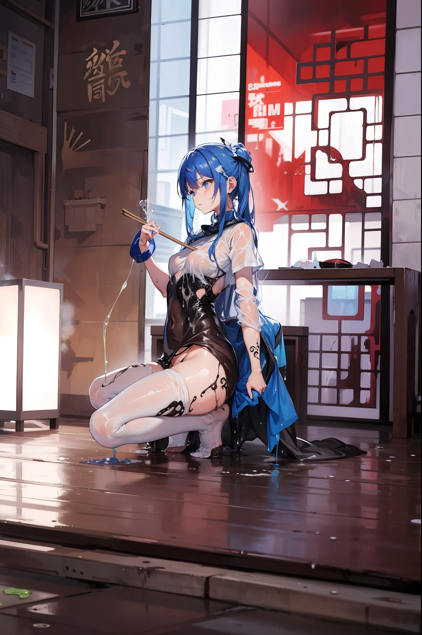 Slime, sweat, Wet clothes, Detailed faces, 8k image quality, A lot of milky sticks to the shirt, flows from the and sticks to the groin, hentai tattoos,Clear hand and foot details,transparent clothing
