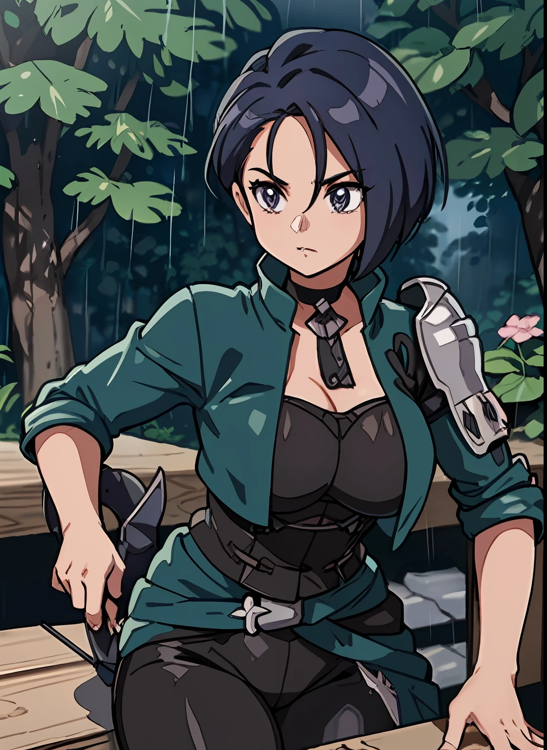 /imagine prompt: hybrid board, peccary and domestic pig, using wood, nail, iron, steel, metal and leather armor, using a curved sword, maximum details, rain, forest, pokemon anime style:: --v 4