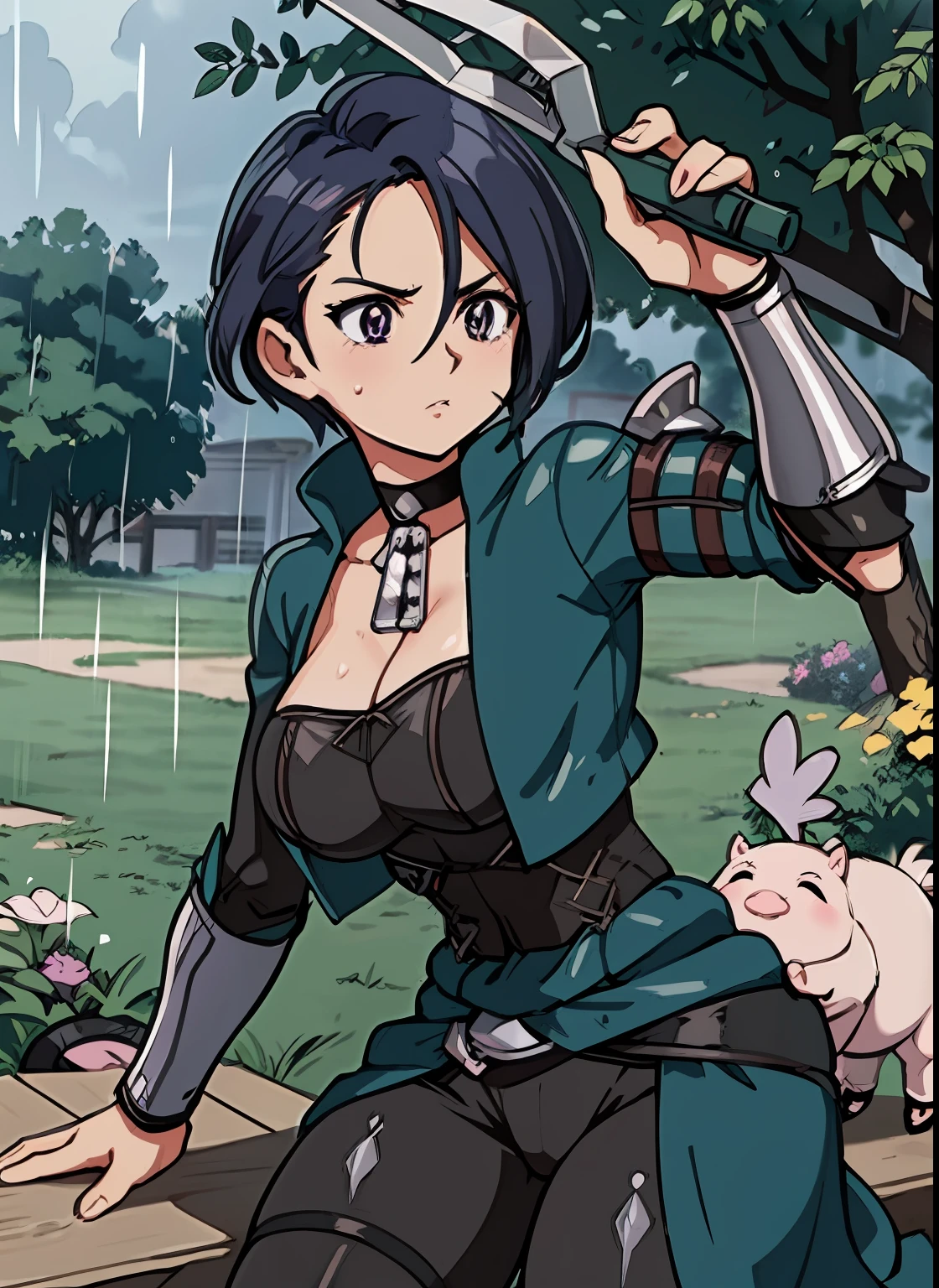 /imagine prompt: hybrid board, peccary and domestic pig, using wood, nail, iron, steel, metal and leather armor, using a curved sword, maximum details, rain, forest, pokemon anime style:: --v 4