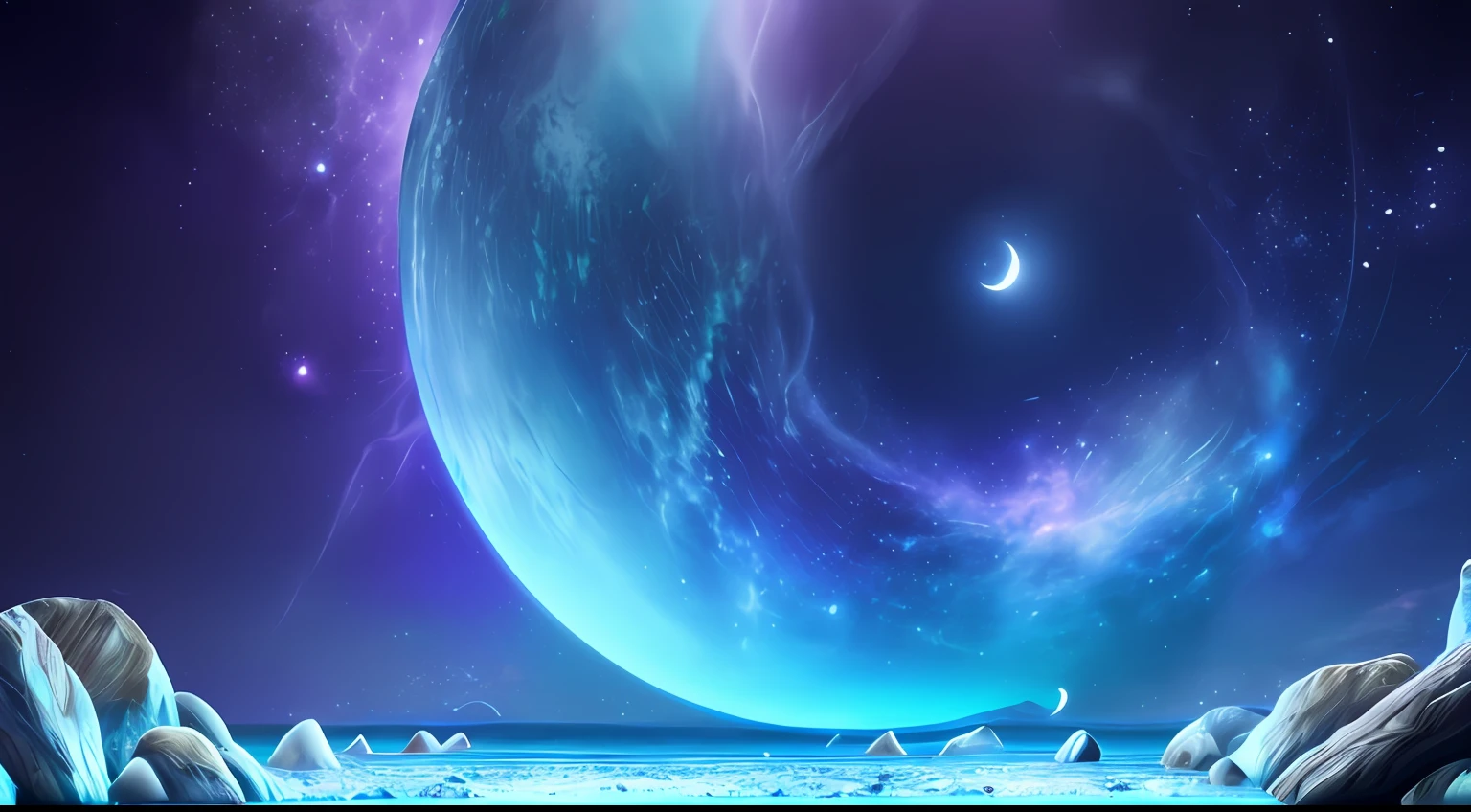 Smooth rolling waves (Blue ocean) outside on an alien planet, Beautiful transparent water, Night, Huge fish jumping from the waves, Spots of iridescent plankton in water, Sparkling water spray, The background is a deep purple sky dotted with stars, Unknown constellations in the sky, (There are multiple bright moons and planets in the sky:1.5), Glowing horizon, fascinating views, Masterpiece, Best quality, detailed 4K wallpaper, award winning art, Bokeh, Depth of field, hdr, full bloom, color difference, Extremely detailed, trending on artstationh, trending on CGSociety, Dramatic