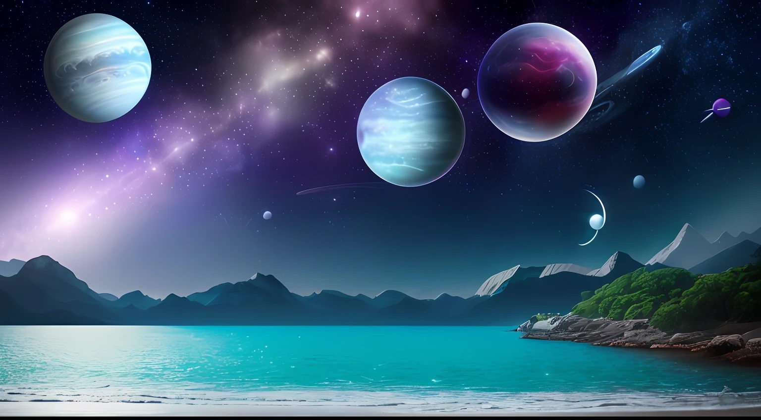 Smooth rolling waves (Blue ocean) outside on an alien planet, Beautiful transparent water, Night, Huge fish jumping from the waves, Spots of iridescent plankton in water, Sparkling water spray, The background is a deep purple sky dotted with stars, Unknown constellations in the sky, (There are multiple bright moons and planets in the sky:1.5), Glowing horizon, fascinating views, Masterpiece, Best quality, detailed 4K wallpaper, award winning art, Bokeh, Depth of field, hdr, full bloom, color difference, Extremely detailed, trending on artstationh, trending on CGSociety, Dramatic