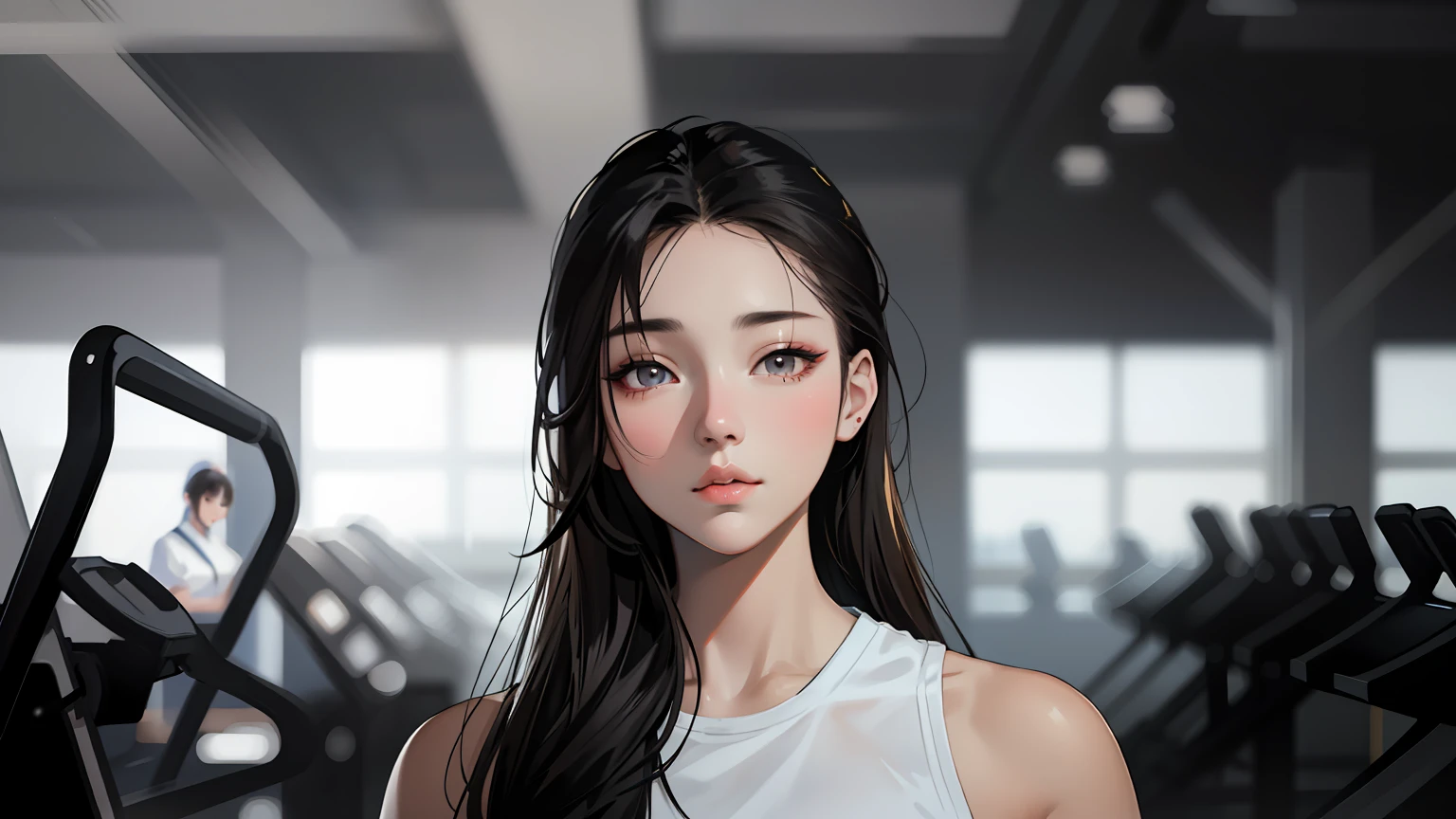 There was a woman standing in the gym, Soft portrait shot 8 K, Rendu portrait 8k, Gorgeous young Korean woman, Beautiful young Korean woman, detailed face of a asian girl, beautiful Korean women, young lovely Korean faces, A young Asian woman, Korean face features, portrait of female korean idol, Korean woman, An Asian woman