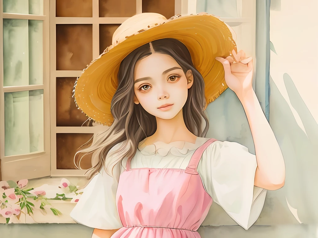 There is a girl in a straw hat and dress in front of a window, Estilo de desenho bonito, No Bowater Art Style, with straw hat, trending on artstration, pintura realista da menina bonito, Belo estilo de arte, watercolor illustration style, Retrato bonito, pintura de personagem bonita, kawaii retrato realista, estilo de desenho, wearing straw hat, 🤤 retrato da menina