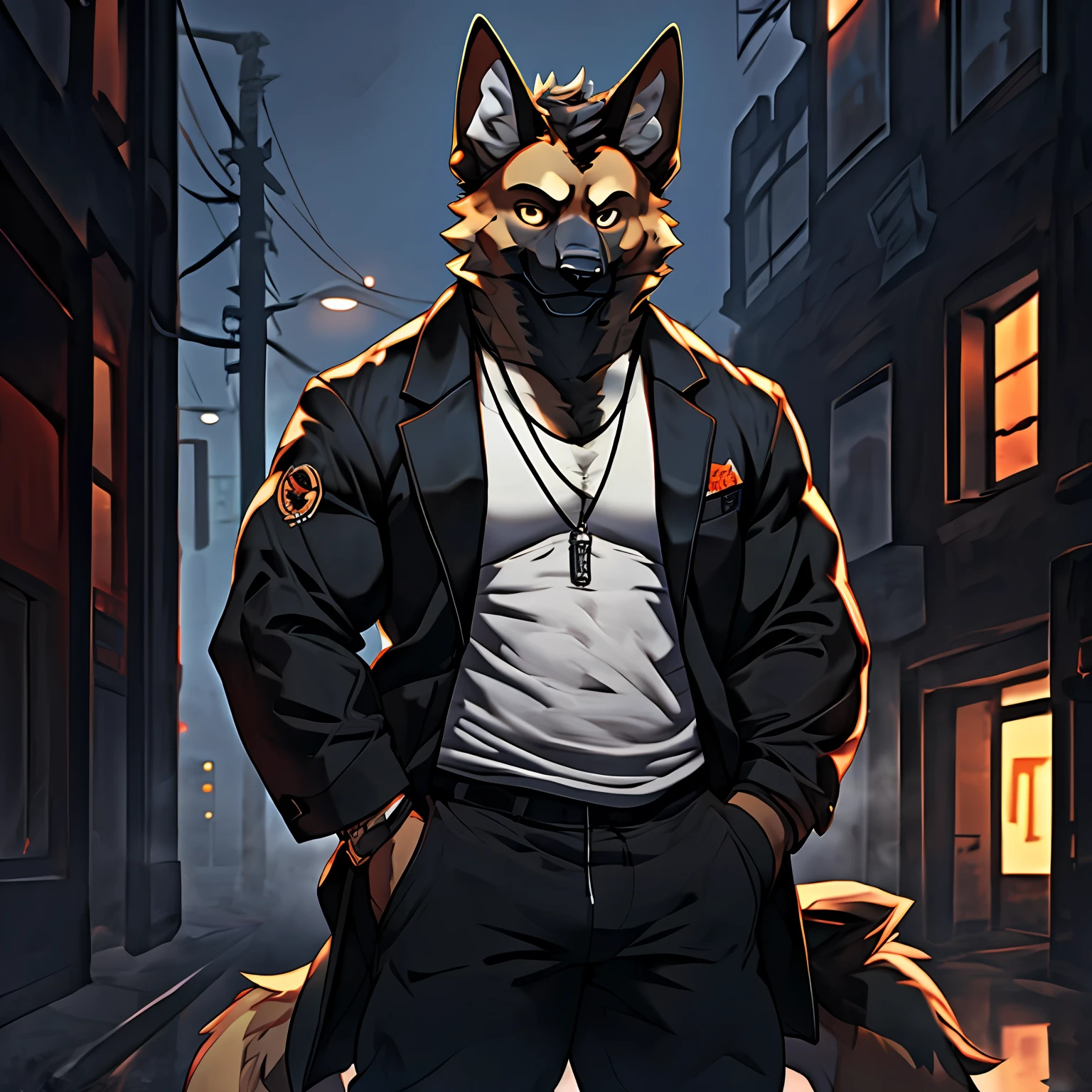 (Super meticulous), (animal personification), Gangster theme, german shepherd, handsome, a black trench coat, White shirt dim lighting, smog, shadowing, Corrupt cityscape, HighestQuali, single focal, (skimming: 1.1), muscle men, full bodyesbian, iintricate（high detal：1.1）unreal-engine。, Masterpiece, retina, masterpiece, ccurate, anatomically correct, super detail, high details, high quality, highres, best quality, award winning