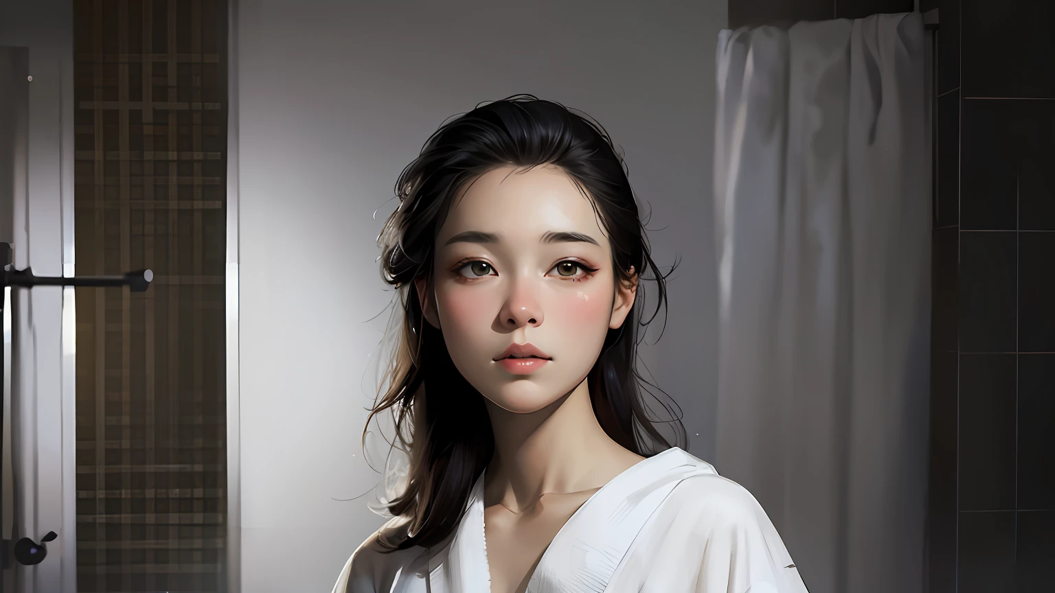 In the bathroom stood a woman in a bathrobe, Gorgeous young Korean woman, young lovely Korean faces, Beautiful young Korean woman, woman with porcelain skin, beautiful Korean women, Korean woman, , medium portrait soft light, Soft portrait shot 8 K, Korean face features, korean artist, A young Asian woman