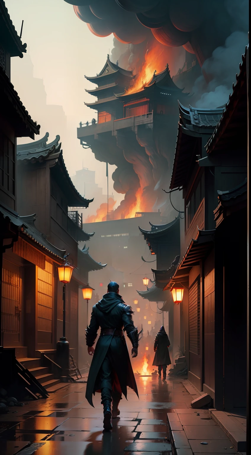 A man in black with a black hood walks around a burned alley in Ninja Scroll anime style, cyberpunk chinese ancient castle, dreamy Chinese towns, an ancient city on fire, burning city background, Coming doom in the alley, victo ngai. illusory engine, immensely detailed scene