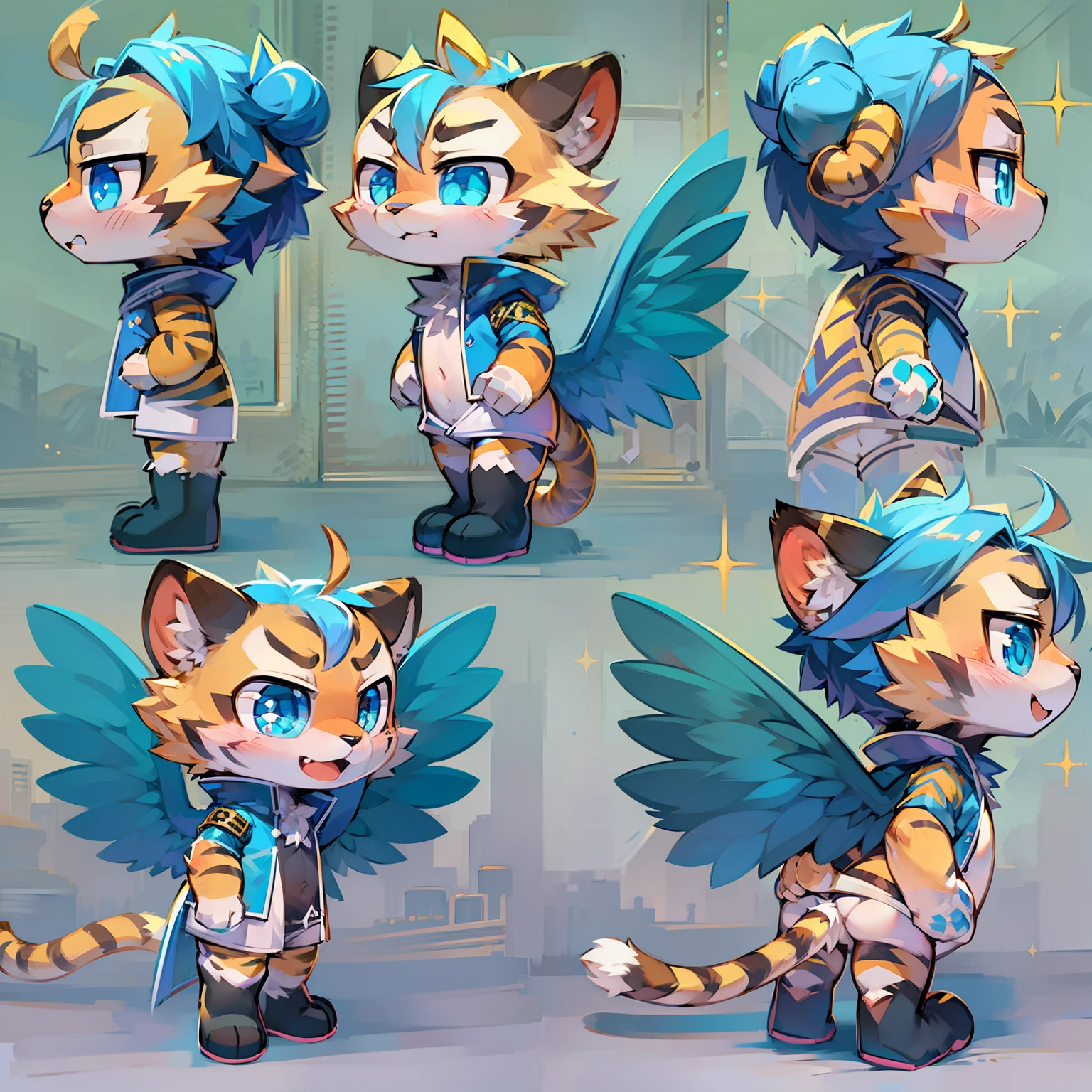 Male three views of a tiger cartoon character wearing a blue coat and a pair of wings on the front, side and back, ahoge, Sparkling eyes, Cat ears, Blind box toy style, three sided view, High details, Super detail