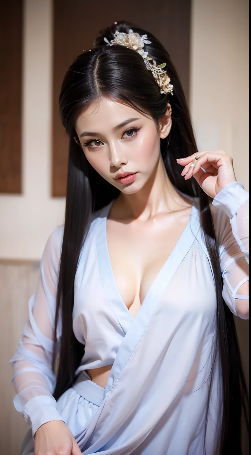 Fashion model  [[[[closeup cleavage]]]], [[[[boobgasm]]]], [[[[coll]]]], [[[[bshoulders]]]], perfect  eyes, Perfect iris，Perfect lips，perfect teeth，Perfect skin，Slender face，Soft front light，hdr，Movie girl，Casual，sitted，In the background is the bedroom；（pastel colour：1.2）