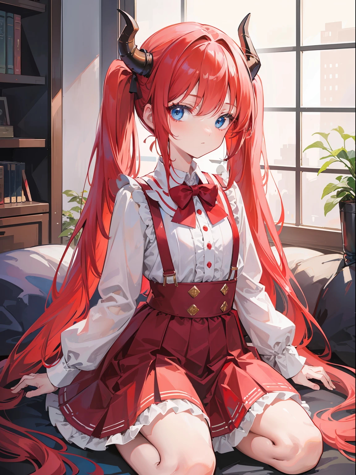 {{best quality}}, {{masterpiece}}, {{ultra-detailed}}, {illustration}, {detailed light}, red hair,blue eyes,twintails,lolita,Suspenders skirt,Fantastic,loli,solo,Dragon horns, girl,long hair