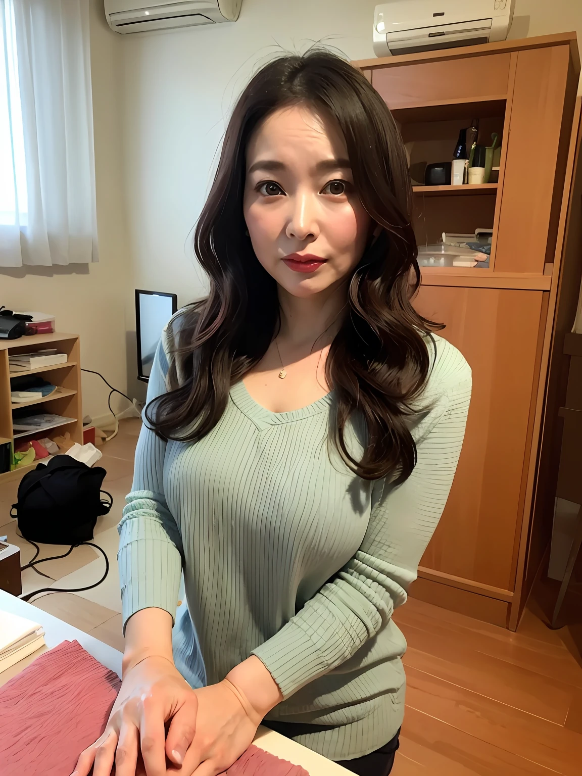 ((Best quality, 8K, Masterpiece: 1.3)), Sharp focus, High quality, high resolution, Portrait, Solo, Japan person, middle aged women, Beauty, 42 years old, Wavy hair, Slightly chubby,Big chest,Room Wear, Flesh-colored pantyhose, Wrinkles at the corners of the eyes, full bodyesbian, Eyes seductive, Messy room, Old Room