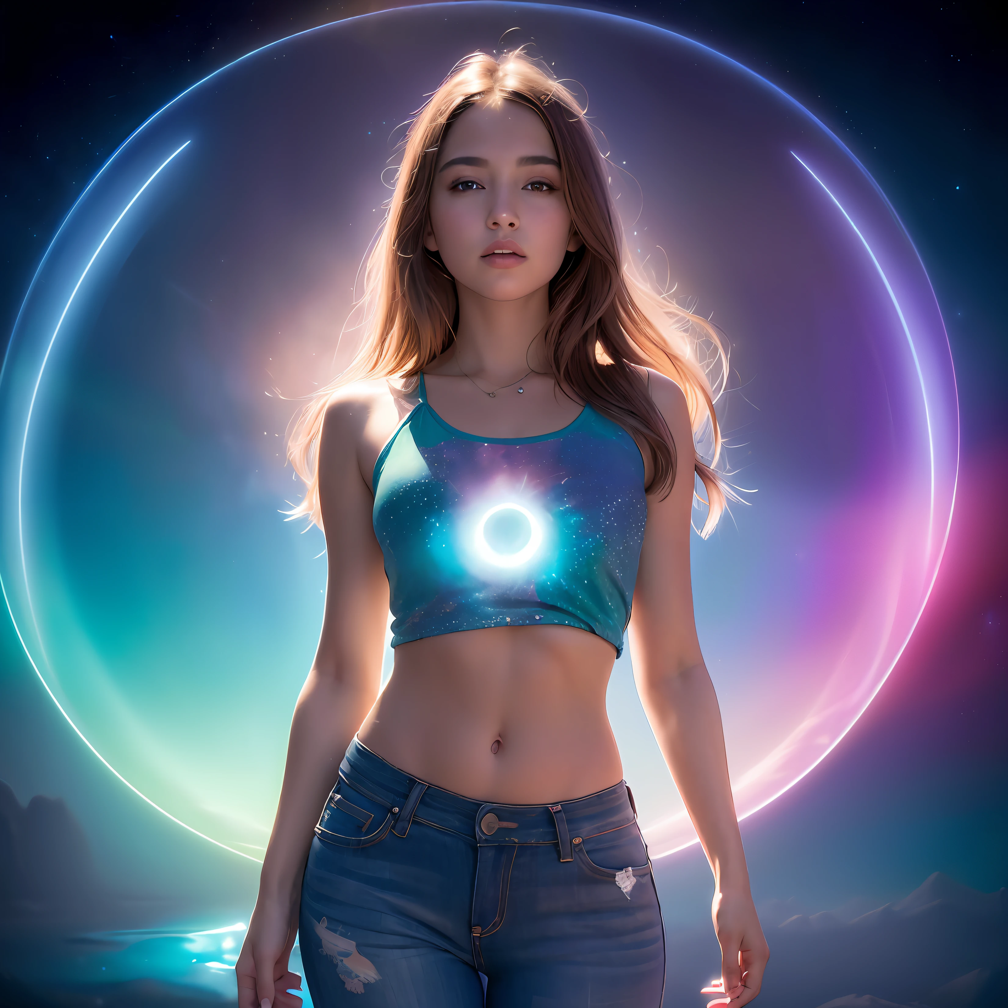 ((best quality)), ((masterpiece)), ((realistic)), portrait, 1girl, celestial, deity, light particles, halo, looking at viewer, (bioluminescent:0.95) flame, bioluminescence, Vibrant, Colorful, Color, (Glow, Glow), (Beautiful Composition), Cinematic Lights, Intricate, (Symmetry: 0.5), Whimsical, Alien Planet, standing, tank top shirt, jean pants,