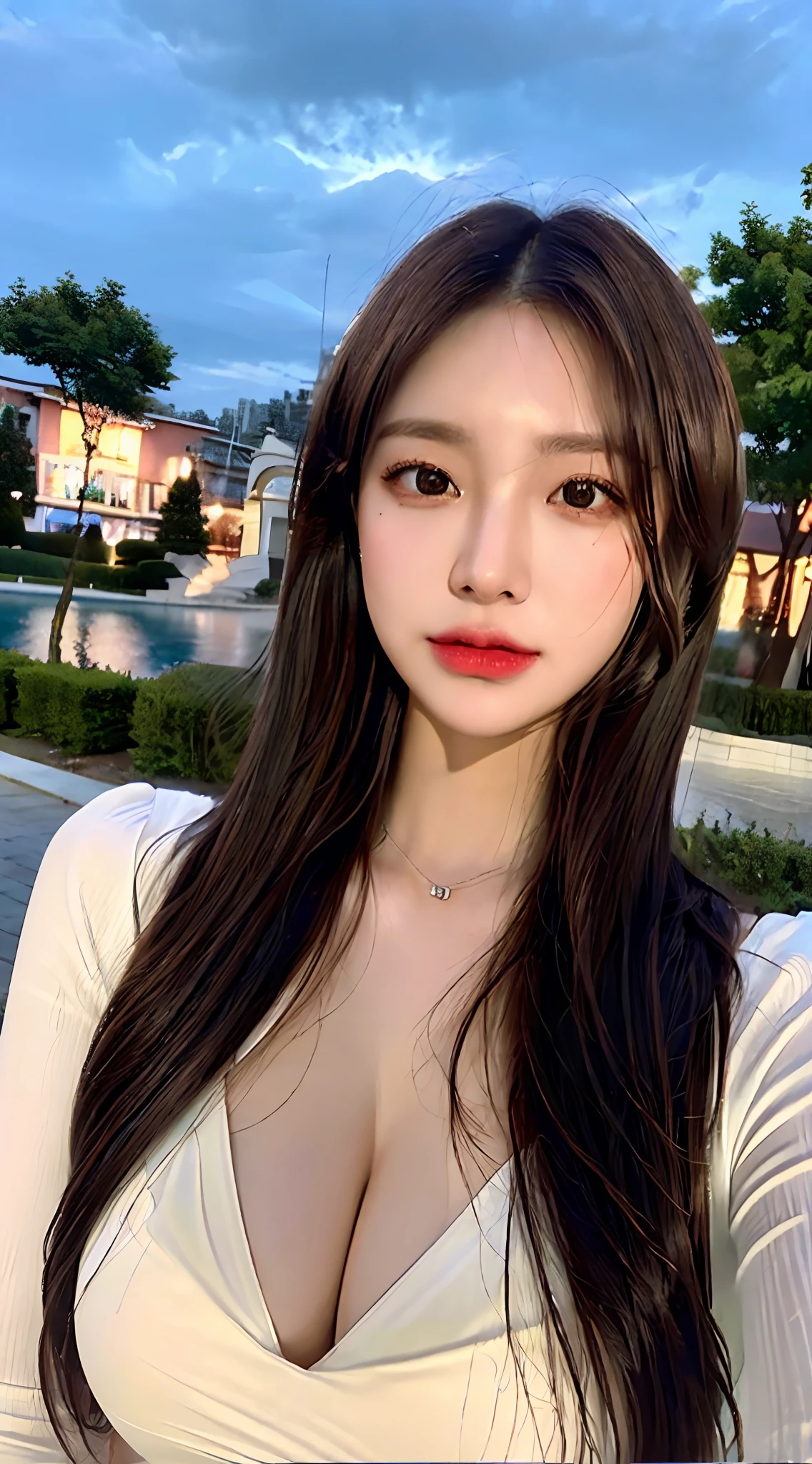 ((Realistic lighting, best qualtiy, 8k, tmasterpiece:1.3)), sharp fokus:1.2, 1girl, Beautiful Women with Perfect Figure:1.4, gigantic cleavage breasts:1.3,Slim abs:1.1, ((dark brown hair)), (White crop top:1.4),(exteriors,during night:1.1),Park view,Ultra-fine face,Fine eyes,二重まぶた,