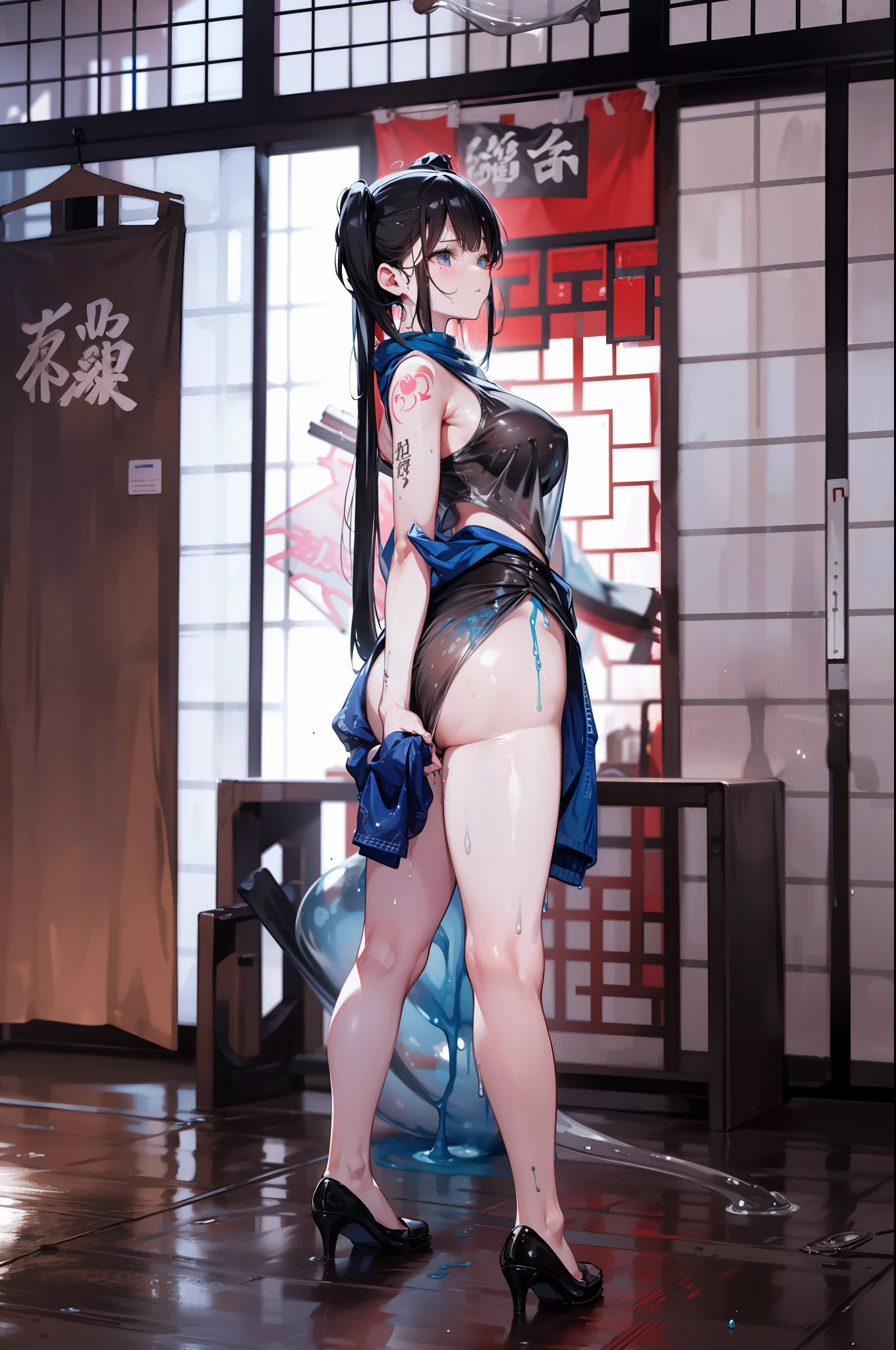 Slime, sweat, Wet clothes, Detailed faces, 8k image quality, A lot of milky sticks to the shirt, flows from the and sticks to the groin, hentai tattoos,Clear hand and foot details,transparent clothing