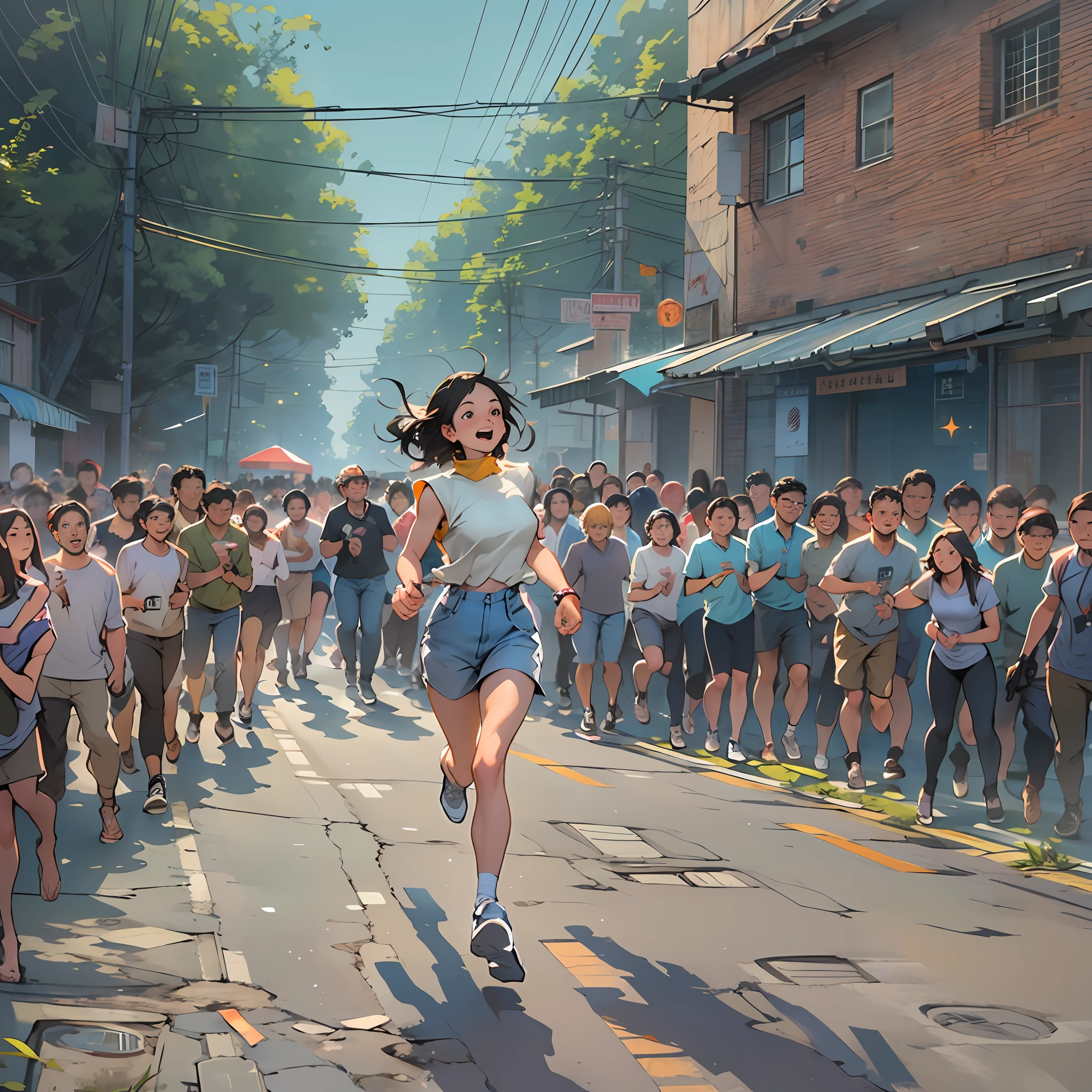 A man anxiously watching an excited girl running towards a cordoned off area, a crowd of people watching from a distance, not knowing what happened, ,in the style of the stars art group xing xing, 32k, best quality, masterpiece, super detail, high details,